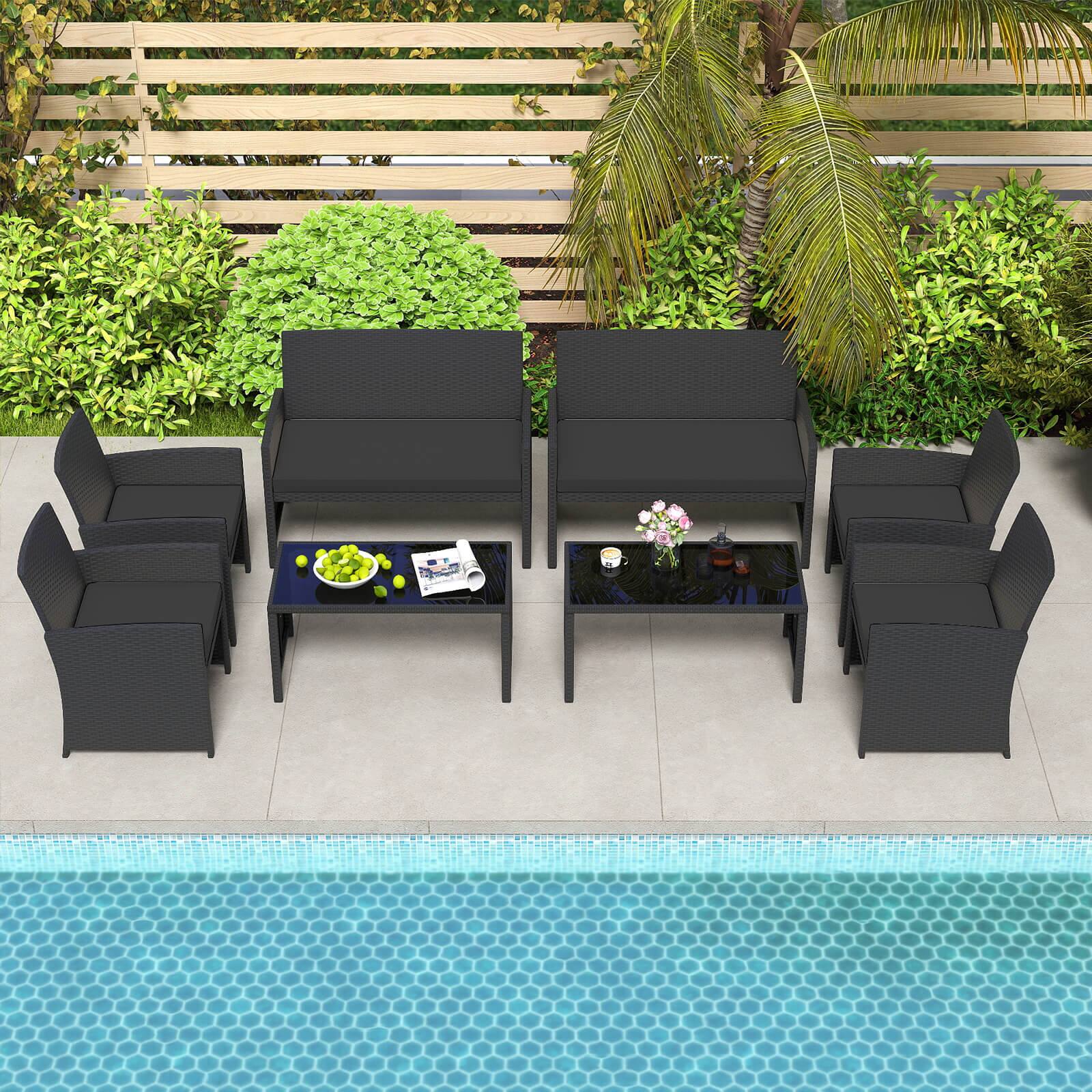Alt View 4. Costway - Costway 4 PCS Patio Conversation Set with Seat Cushions & Tempered Glass Tabletop, Porch - Black+Black.