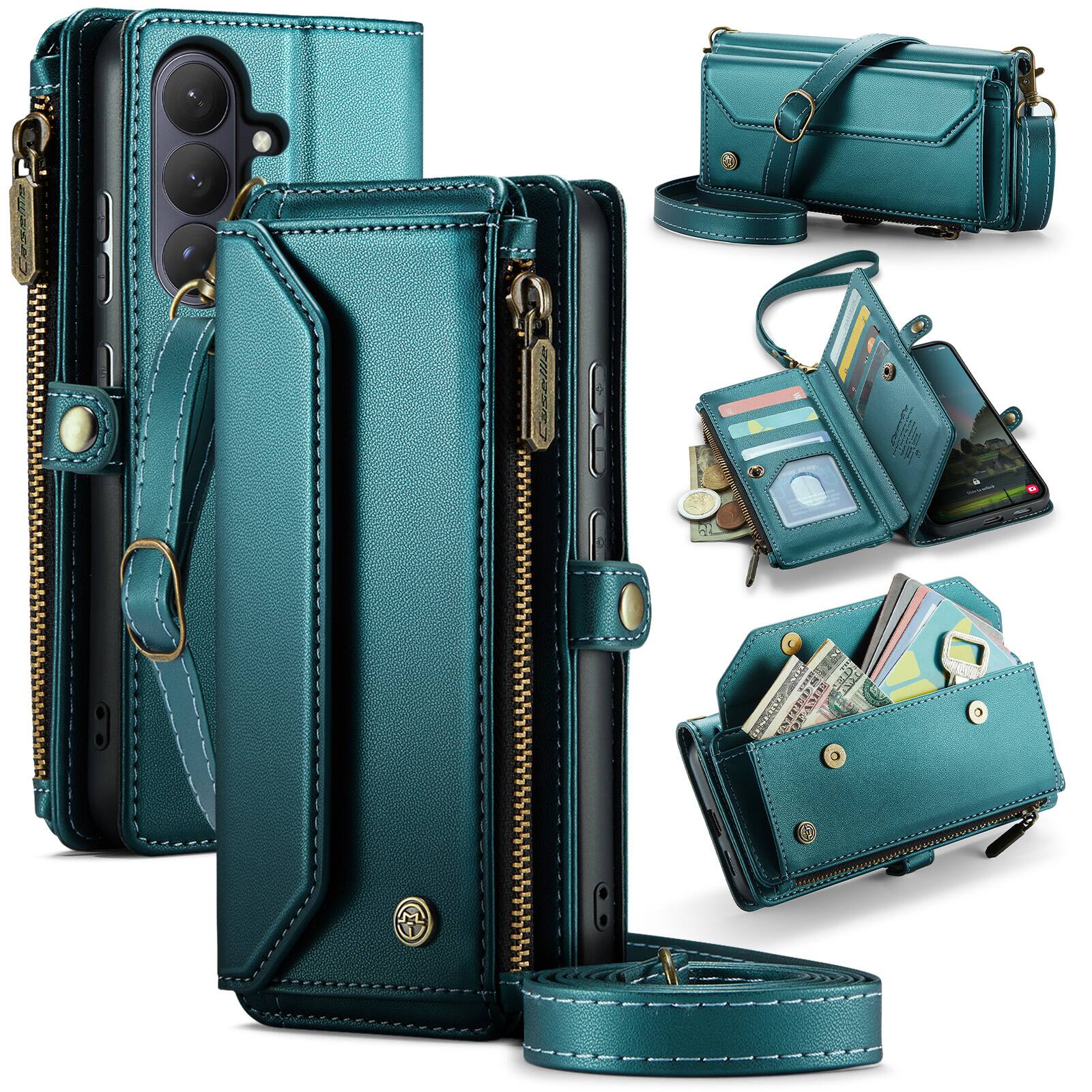 Angle. Dteck - Wallet Case for Samsung Galaxy S26, PU Leather RFID Blocking Card Holder Kickstand Cover with Crossbody Strap - Green.