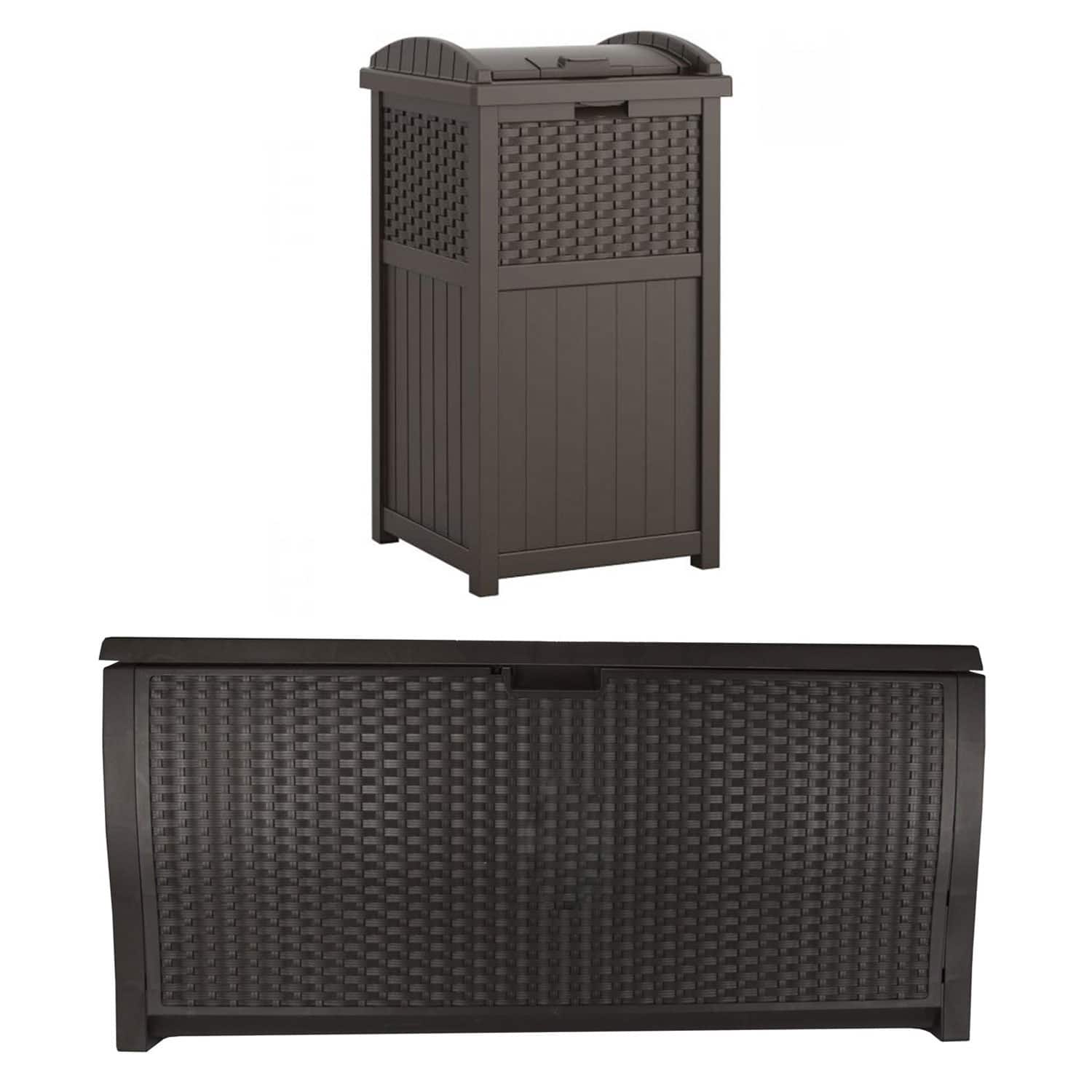 Photos - Garden Furniture Suncast  Trash Hideaway Resin Wicker Style Garbage Bin & 99 Gallon Deck Box - Java GHW1732 + DBW9200 