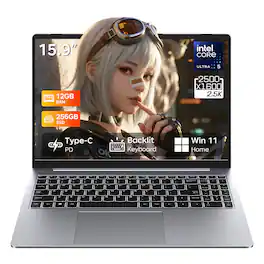 RNRUO - 15.9" Laptop Computer Intel Core Ultra 5 115U 12GB LPDDR5 RAM 256GB SSD Backlit KB Windows 11 - Silver Gray