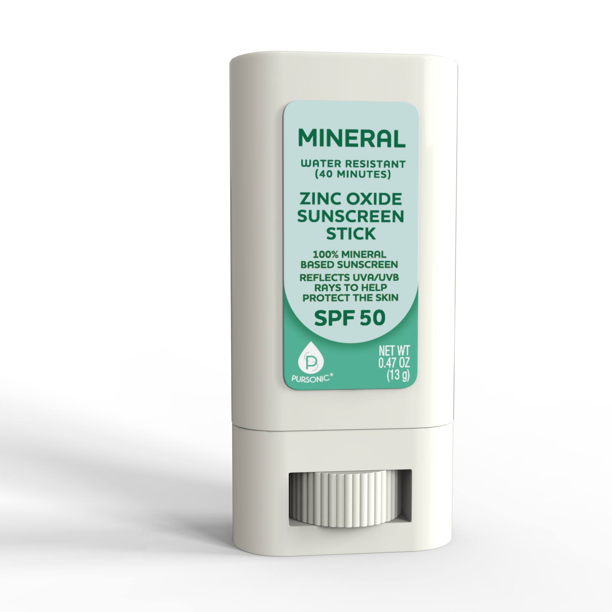 MINERAL WATER RESISTANT (40 MINUTES) ZINC OXIDE SUNSCREEN STICK  
100% MINERAL BASED SUNSCREEN REFLECTS UVA/UVB RAYS TO HELP PROTECT THE SKIN SPF 50  
PURSONIC  
NET WT 0.47 OZ (13 g)