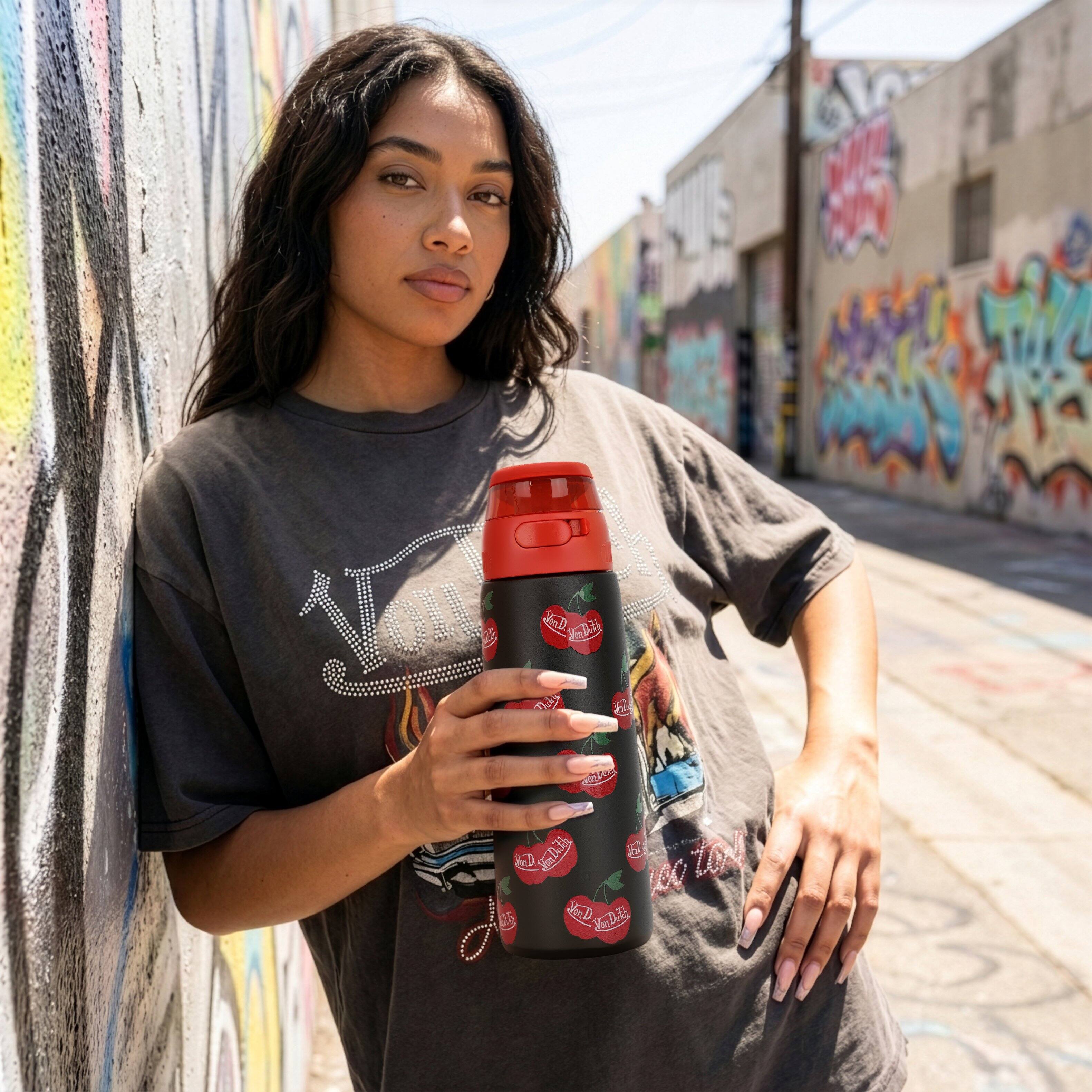 Angle. Von Dutch - Von Dutch 26oz Iconic Y2K Double Walled Insulated Stainless Steel Bottle | Raining Cherries - Raining Cherries.
