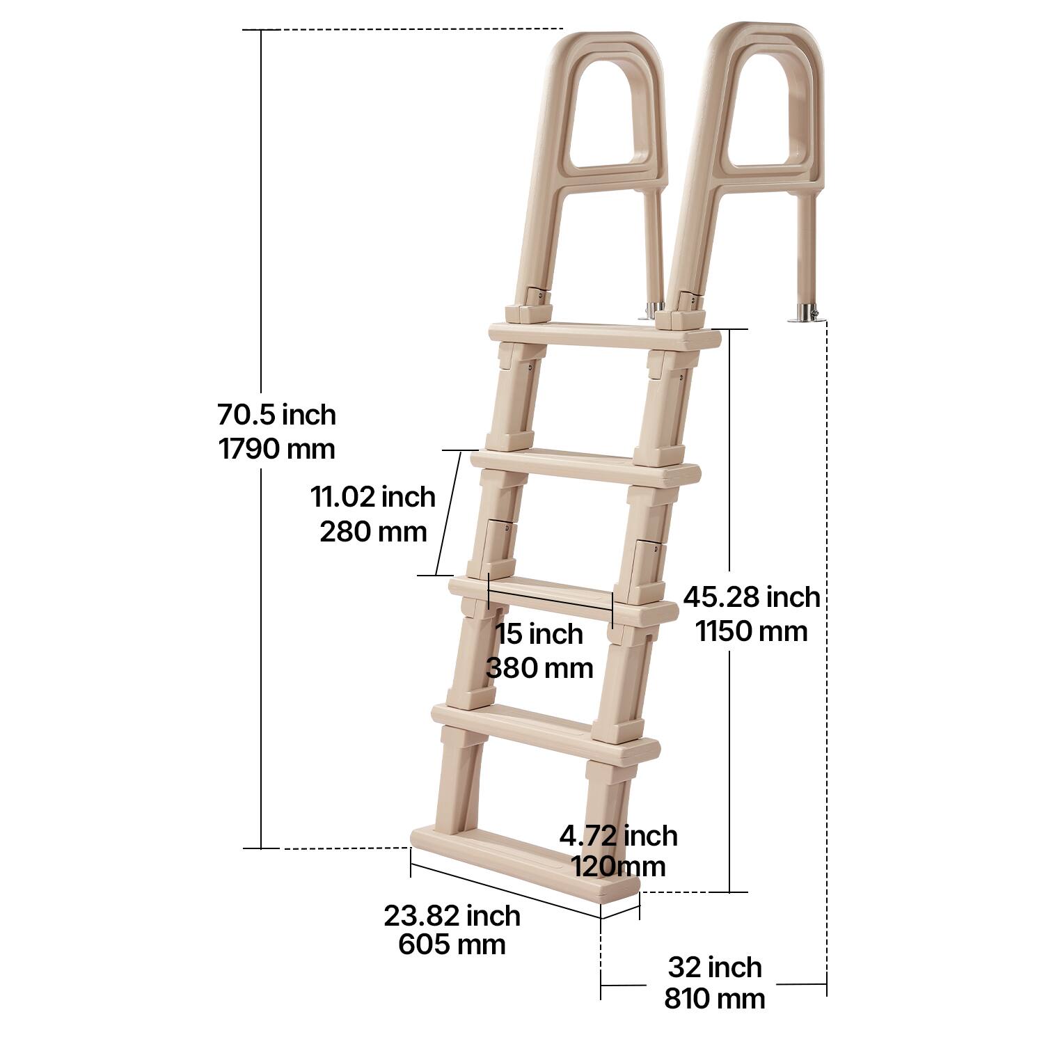 70.5 inch 1790 mm  
11.02 inch 280 mm  
15 inch 380 mm  
45.28 inch 1150 mm  
4.72 inch 120 mm  
23.82 inch 605 mm  
32 inch 810 mm