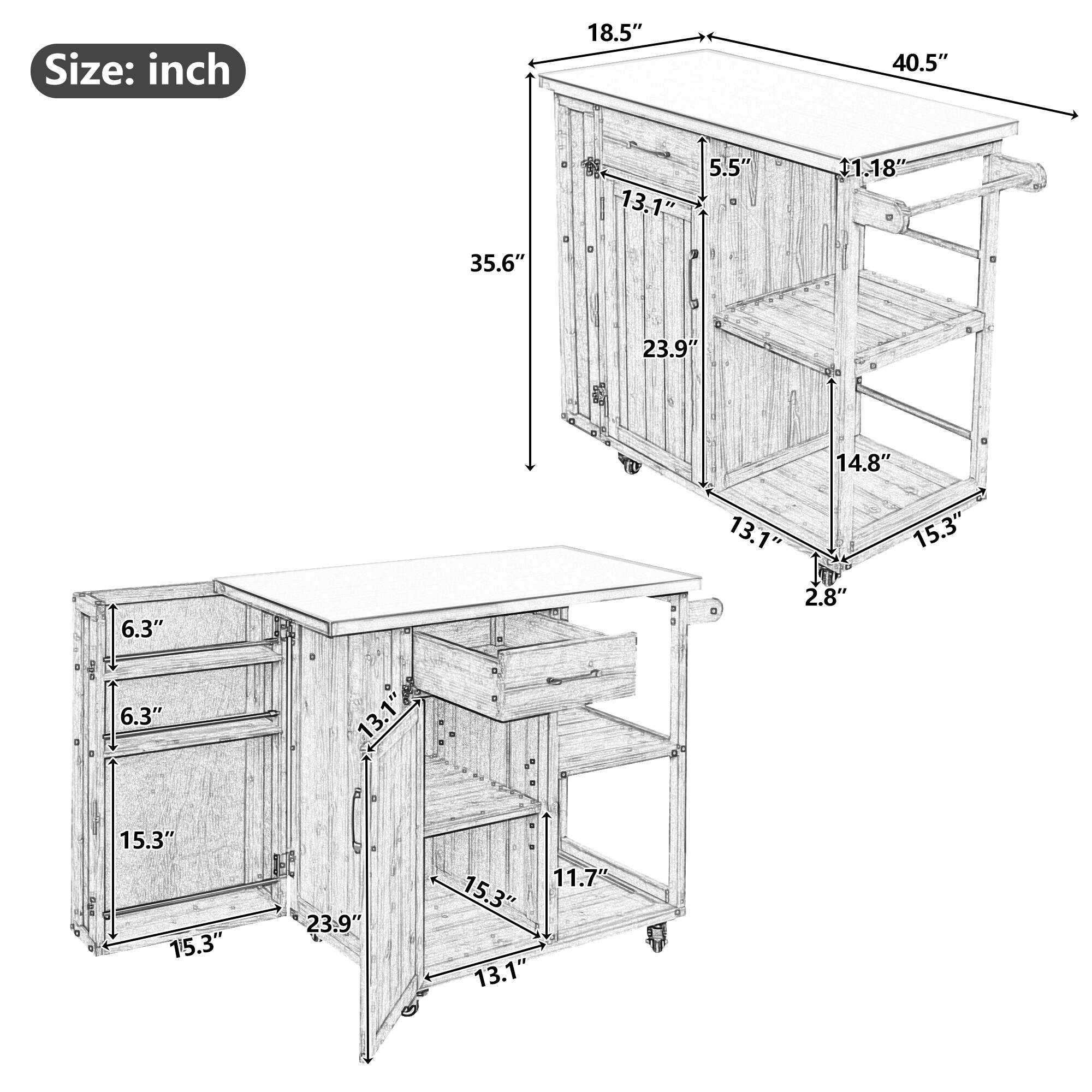 Size: inch  
18.5" 40.5" 13.1" 5.5" 11.18" 35.6" 23.9" 14.8" 6.3" 6.3" 13.1% 13.1" 2.8" 15.3" 15.3" 15.3" 23.9" 11.7" 15.3" 13.1"