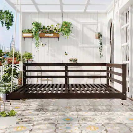Front. APRILSOUL - TOPMAX Country Patio Wooden Twin Size Swing Daybed Porch Swing Frame for Backyard Garden Brown - Brown.