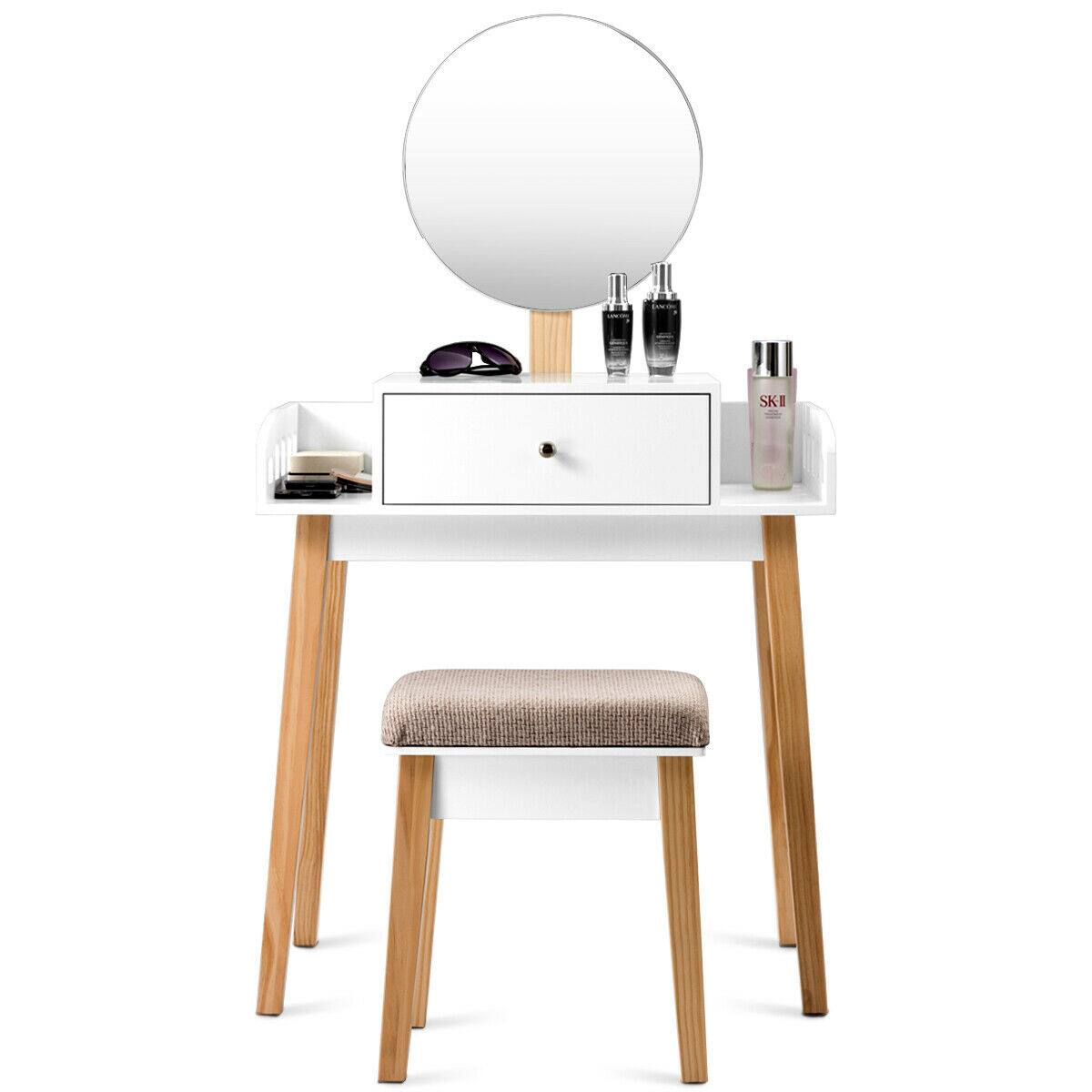 Alt View 5. Gymax - Gymax Makeup Dressing Table Stool Wooden Vanity Set w/ Round Mirror Drawer - White.