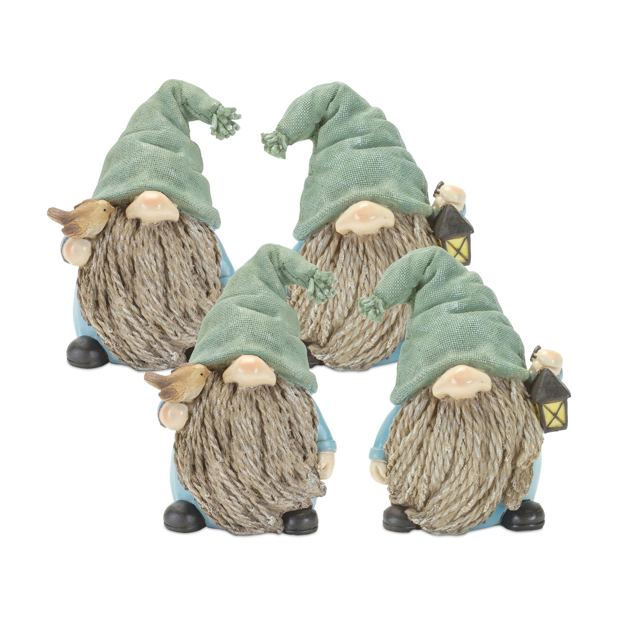 Front. BreeBe - Stone Garden Gnome Figurine with Bird and Lantern Accent (Set of 4) - Green.