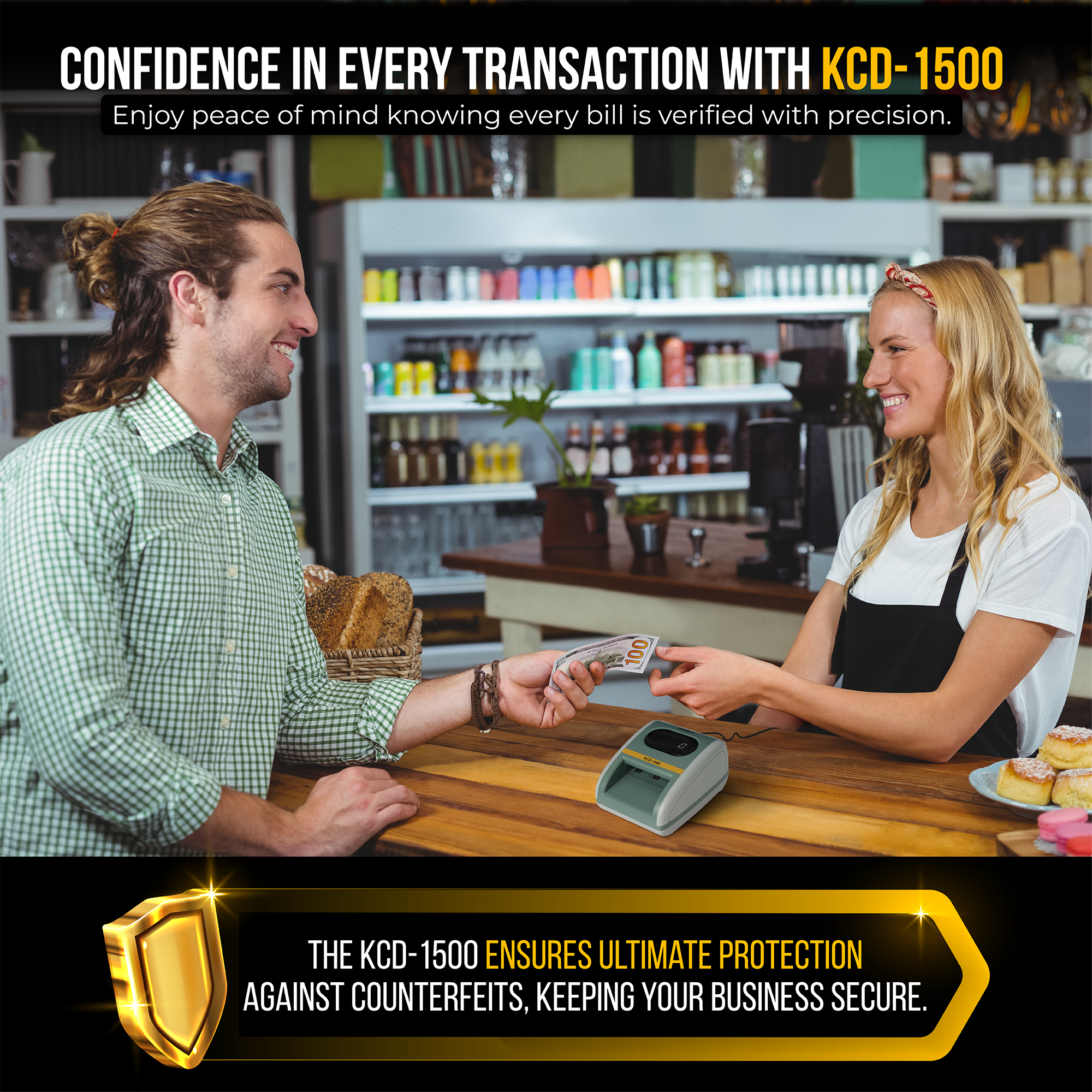 CONFIDENCE IN EVERY TRANSACTION WITH KCD-1500  
Enjoy peace of mind knowing every bill is verified with precision.  

THE KCD-1500 ENSURES ULTIMATE PROTECTION AGAINST COUNTERFEITS, KEEPING YOUR BUSINESS SECURE.