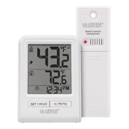 LA CROSSE TECHNOLOGY
REMOTE SENSOR TEMPERATURE
43.2°F
72.6°F
12:34 PM
SET | HI/LO
+ | °F/°C