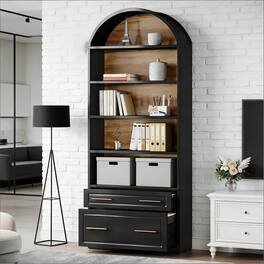 HTUTWOO - 5-Tier Arched Bookshelf, Sturdy with Drawers, Ample Storage Anti-Tip for Living Room Home Office Bedroom - Black