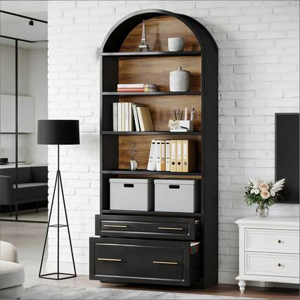 Front. HTUTWOO - 5-Tier Arched Bookshelf, Sturdy with Drawers, Ample Storage Anti-Tip for Living Room Home Office Bedroom - Black.