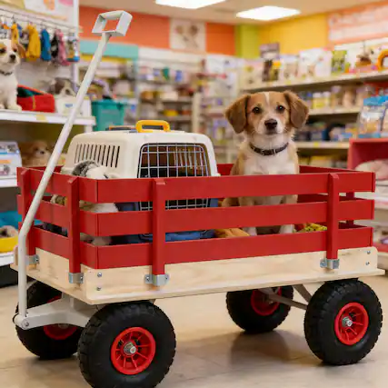 Front. Whisen - Wooden Utility Wagon with Folding Handle, Heavy Duty Outdoor Wagon & Garden Cart for Kids & Camping - Red.