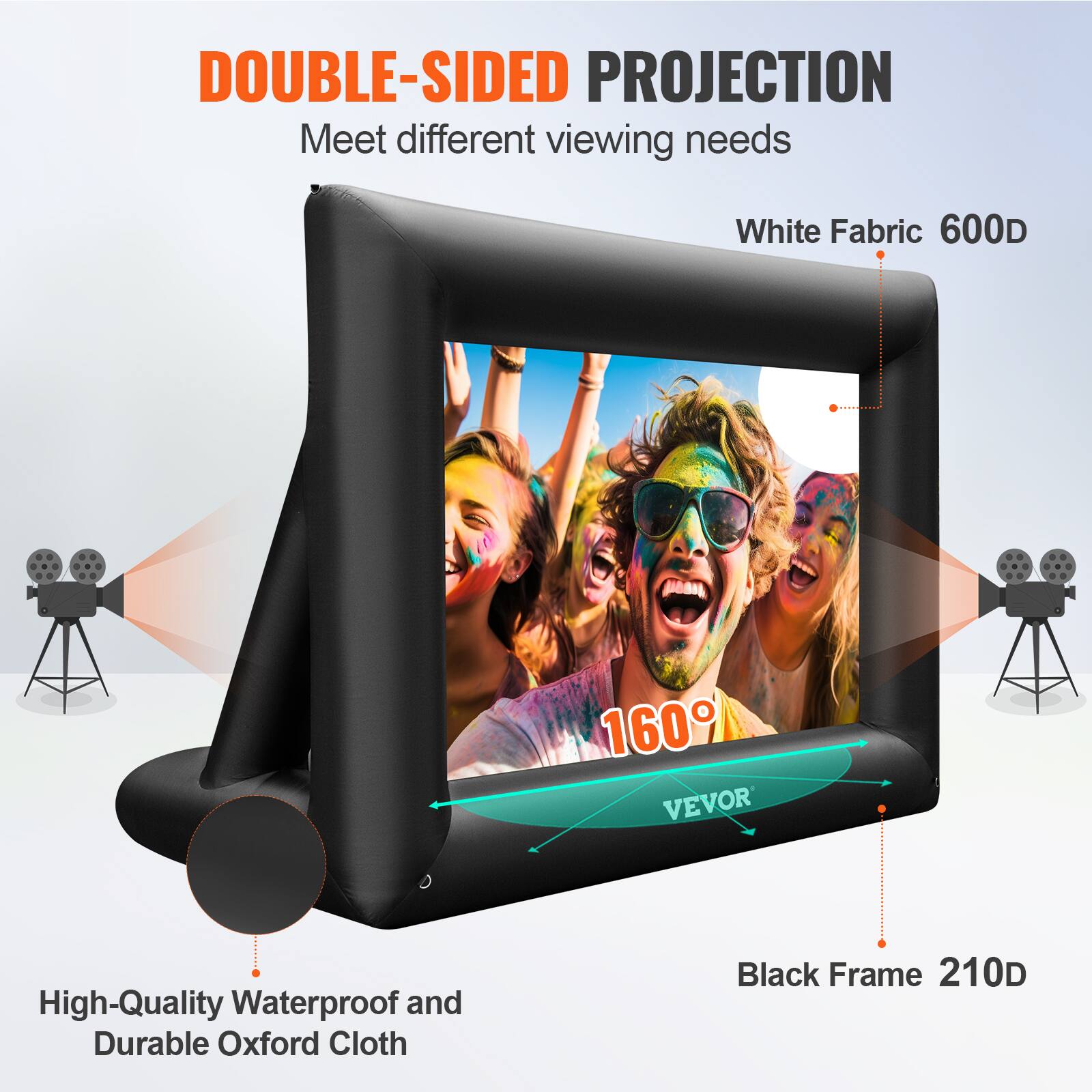 DOUBLE-SIDED PROJECTION Meet different viewing needs
White Fabric 600D
High-Quality Waterproof and Durable Oxford Cloth
Black Frame 210D