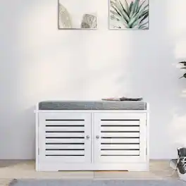 Ropilly - Shoe Storage Bench with Padded Seat Cushion, Modern Entryway Bench with Barn Doors - White