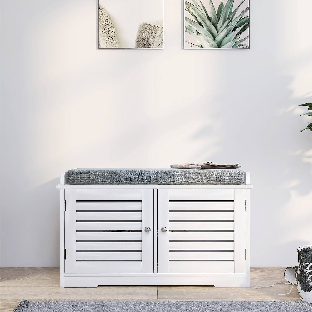 Front. Ropilly - Ropilly White Shoe Storage Bench with Padded Seat Cushion, Modern Entryway Bench with Barn Doors - White.