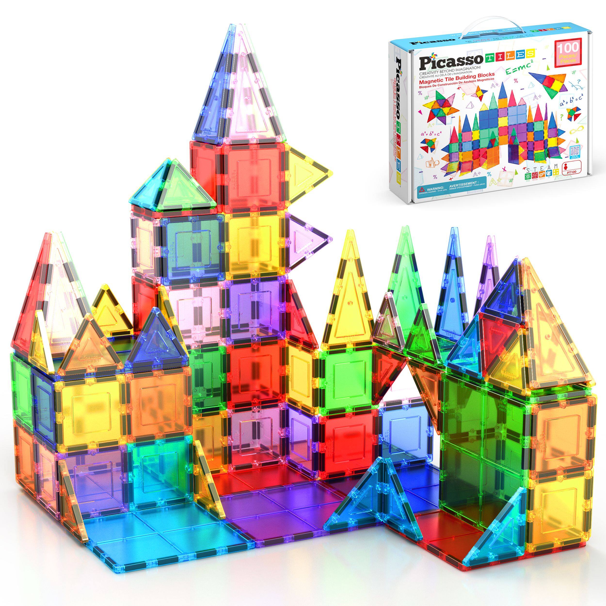 PicassoTiles - PICASSO-TILES Magnetic Tiles, Construction STEM Building Blocks Set, Educational Toy for Kids, 100PCS - Multicolor