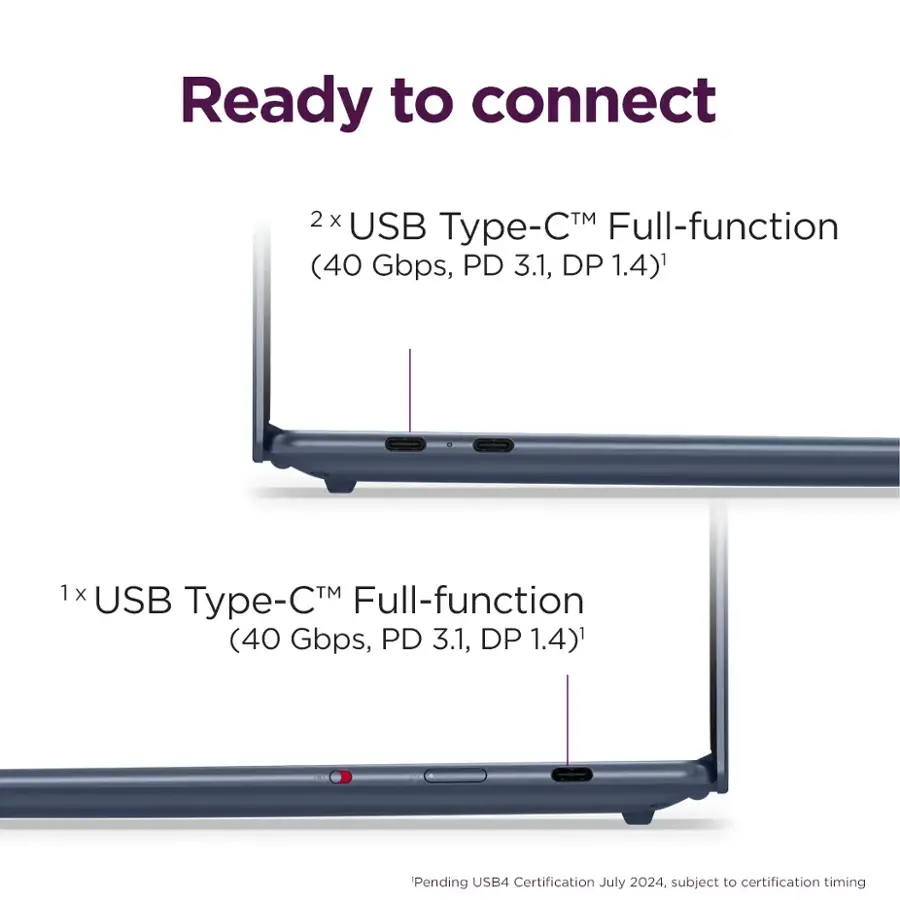 Ready to connect:

* 2 x USB Type-C Full-function: 40 Gbps, PD 3.1, DP 1.4
* 1 x USB Type-C Full-function: 40 Gbps, PD 3.1, DP 1.4

Pending USB4 Certification July 2024. Subject to certification timing.