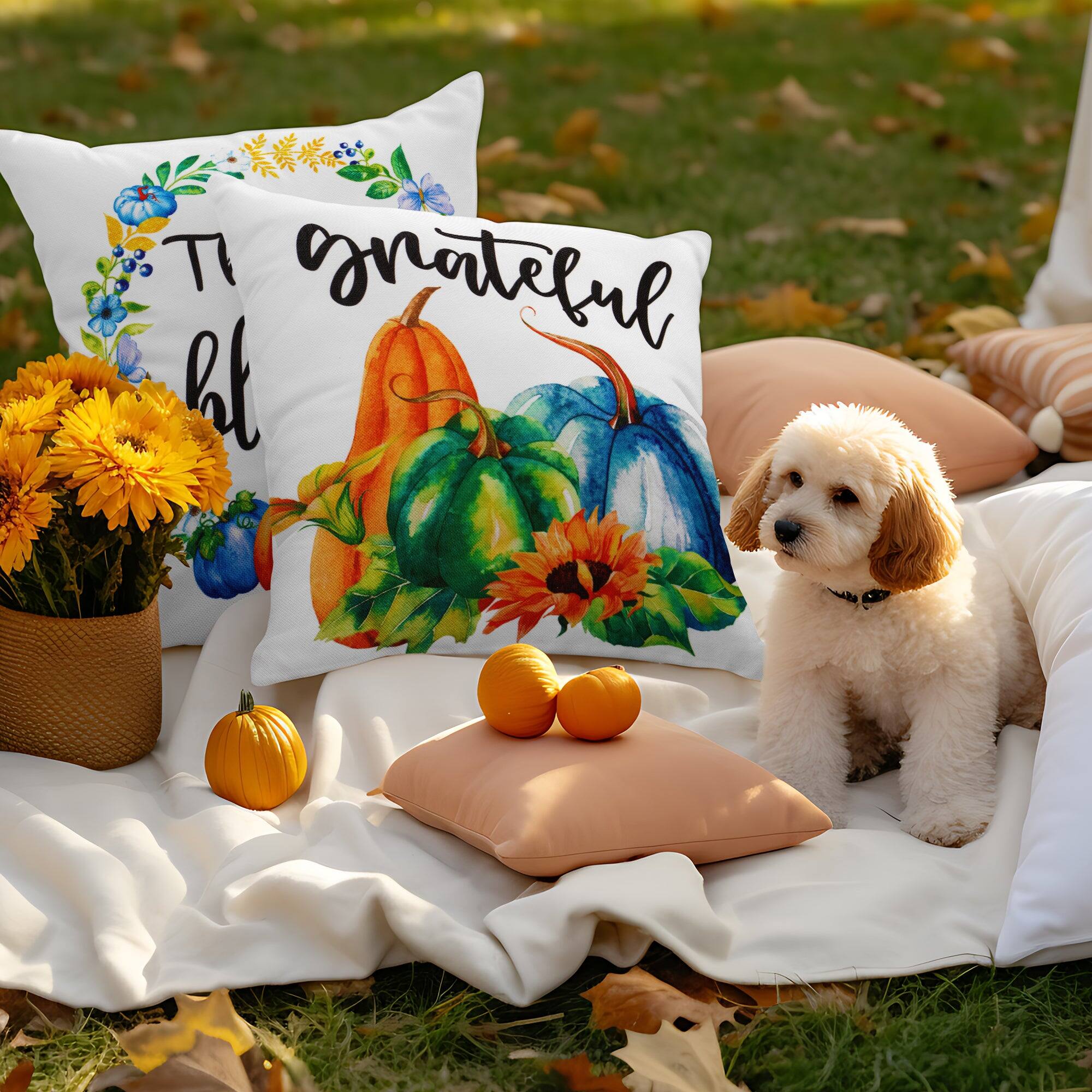 Alt View 1. G128 - Fall Pumpkin Thankful Waterproof Throw Pillow Set 18 x 18 in Set of 4 with Inserts. - Assorted Colors.