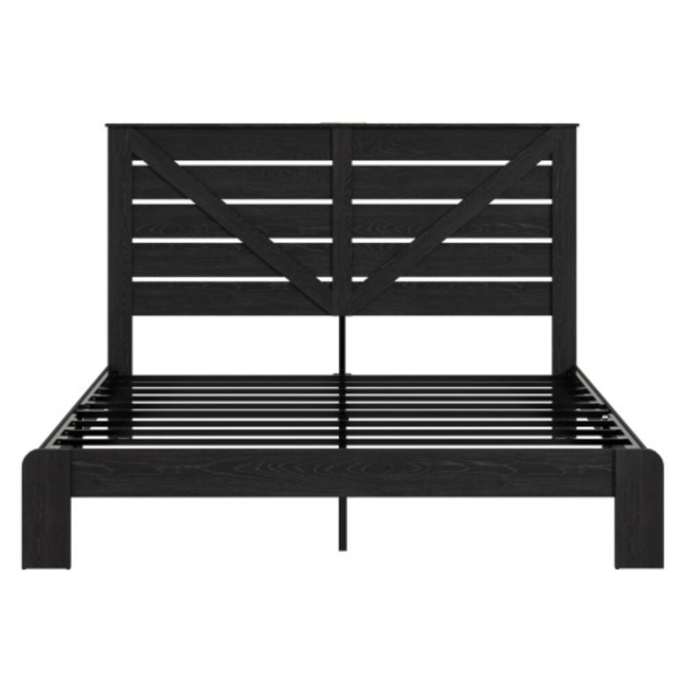 Alt View 4. LUCKY ONE - King Size Wood Platform Bed Frame with Metal Frame, Industrial Style, Heavy Duty Steel Slats, No Box Spring Needed - Black.