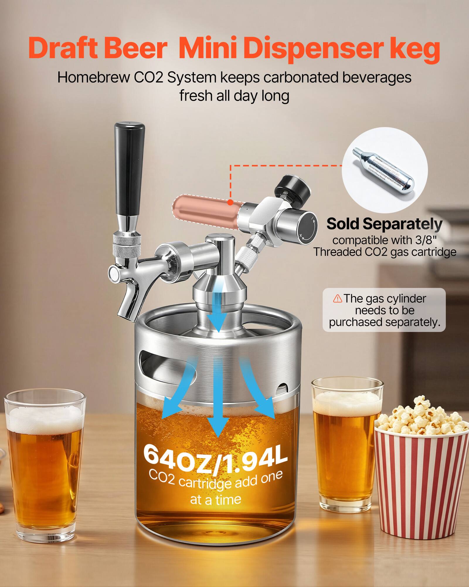 Draft Beer Mini Dispenser keg  
Homebrew CO2 System keeps carbonated beverages fresh all day long  
Sold Separately  
compatible with 3/8" Threaded CO2 gas cartridge  
The gas cylinder needs to be purchased separately.  
64OZ/1.94L CO2 one cartridge add at a time