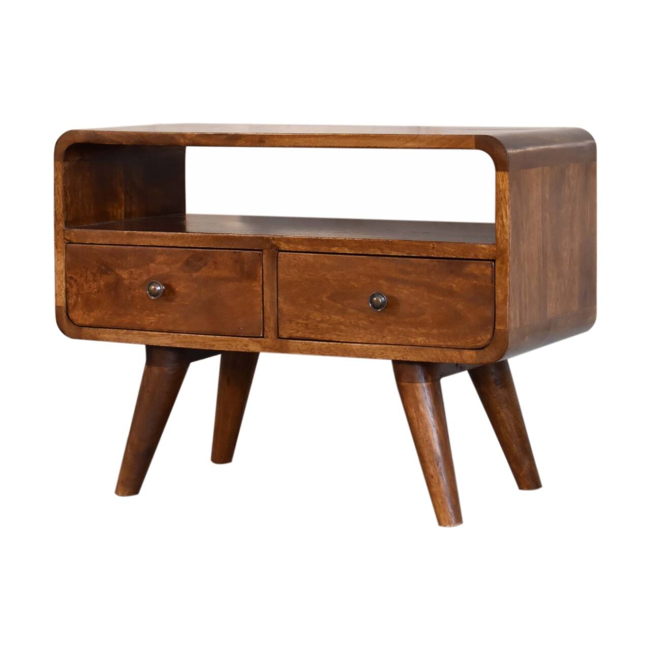 Back. Artisan Furniture - Artisan Furniture Solid Wood Mini Chestnut Curved Media Unit with 2 Drawers, 1 Open Slot, Dark Brown - Brown.