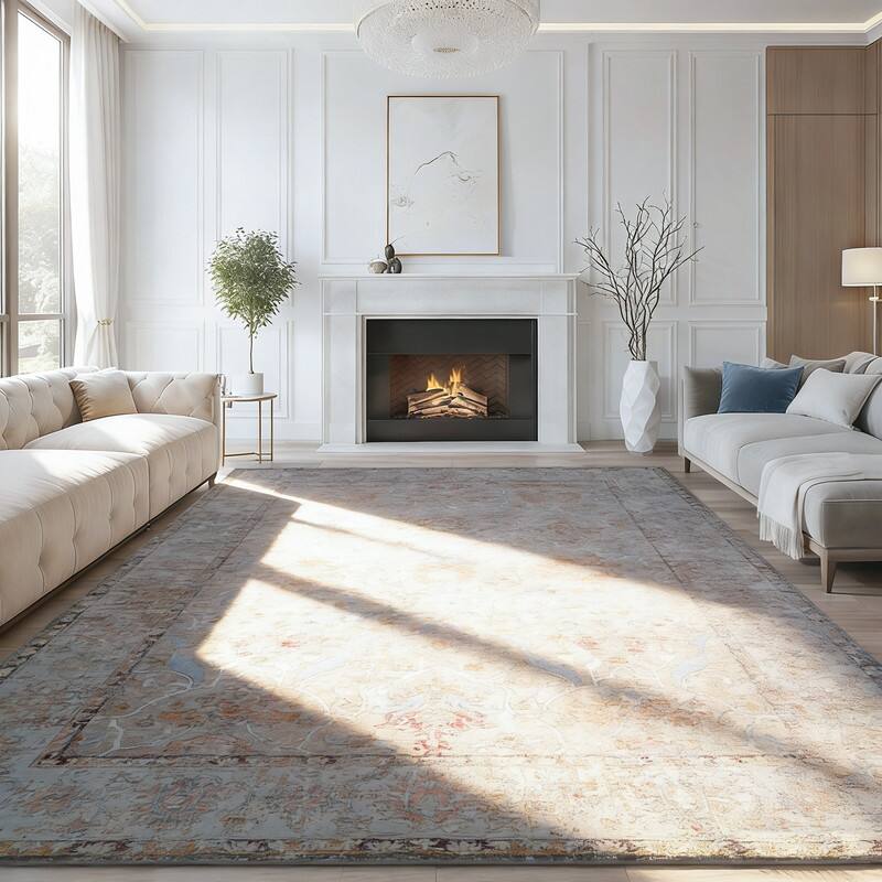 Angle. RYHNUYNE - 9x12 Area Rugs Living Room Rug Washable Vintage Boho Rug No Slip Stain Resistant Soft Carpet Indoor Floor Floral Carpets - Painting.