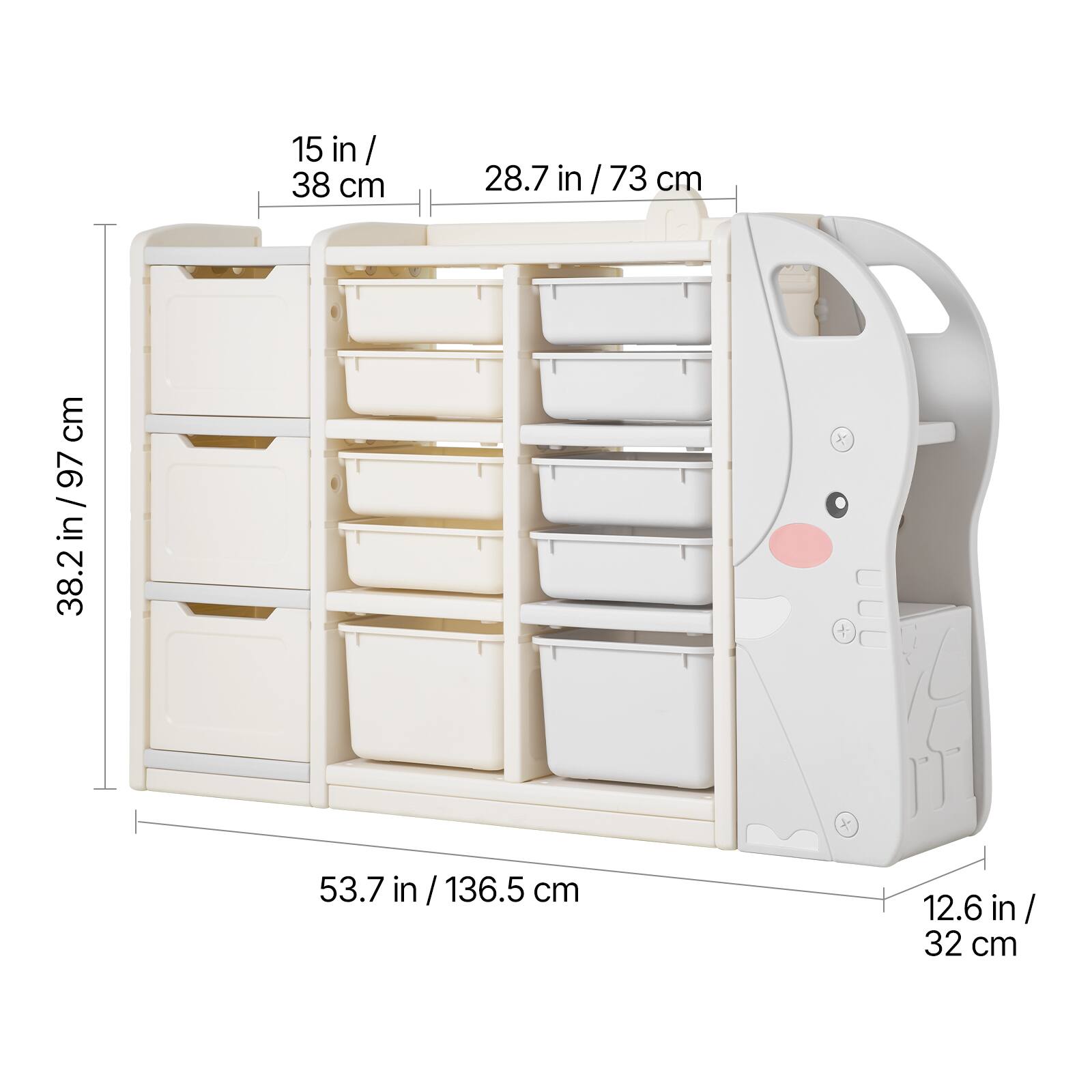 Here is the corrected and grouped text:

- 15 in / 38 cm
- 28.7 in / 73 cm
- 38.2 in / 97 cm
- 53.7 in / 136.5 cm
- 12.6 in / 32 cm