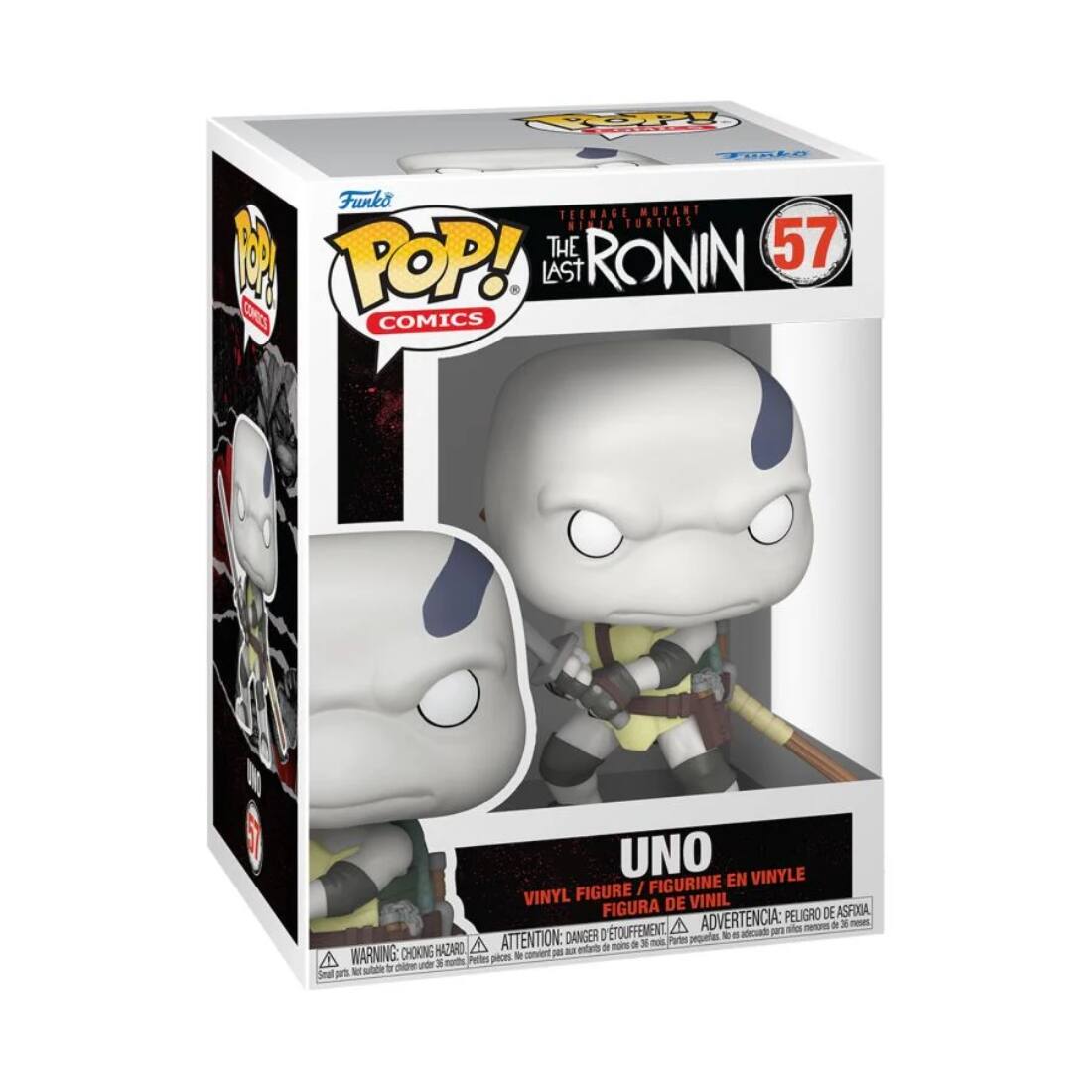 Sure, here is the corrected and grouped text from the image:

---

**Front:**
- Teenage Mutant Ninja Turtles: The Last Ronin
- 57
- POP! Comics
- Uno
- Vinyl Figure / Figurine en Vinyle / Figura de Vinil
- Warning: Choking Hazard - Small parts. Not for children under 3 years. / Attention: Danger d'étouffement - Petite pièce. Ne convient pas aux enfants de moins de 3 ans.

**Side:**
- Funko
- POP! Comics
- 57

**Back:**
- Warning: Choking Hazard - Small parts. Not for children under 3 years. / Attention: Danger d'étouffement - Petite pièce. Ne convient pas aux enfants de moins de 3 ans.

---