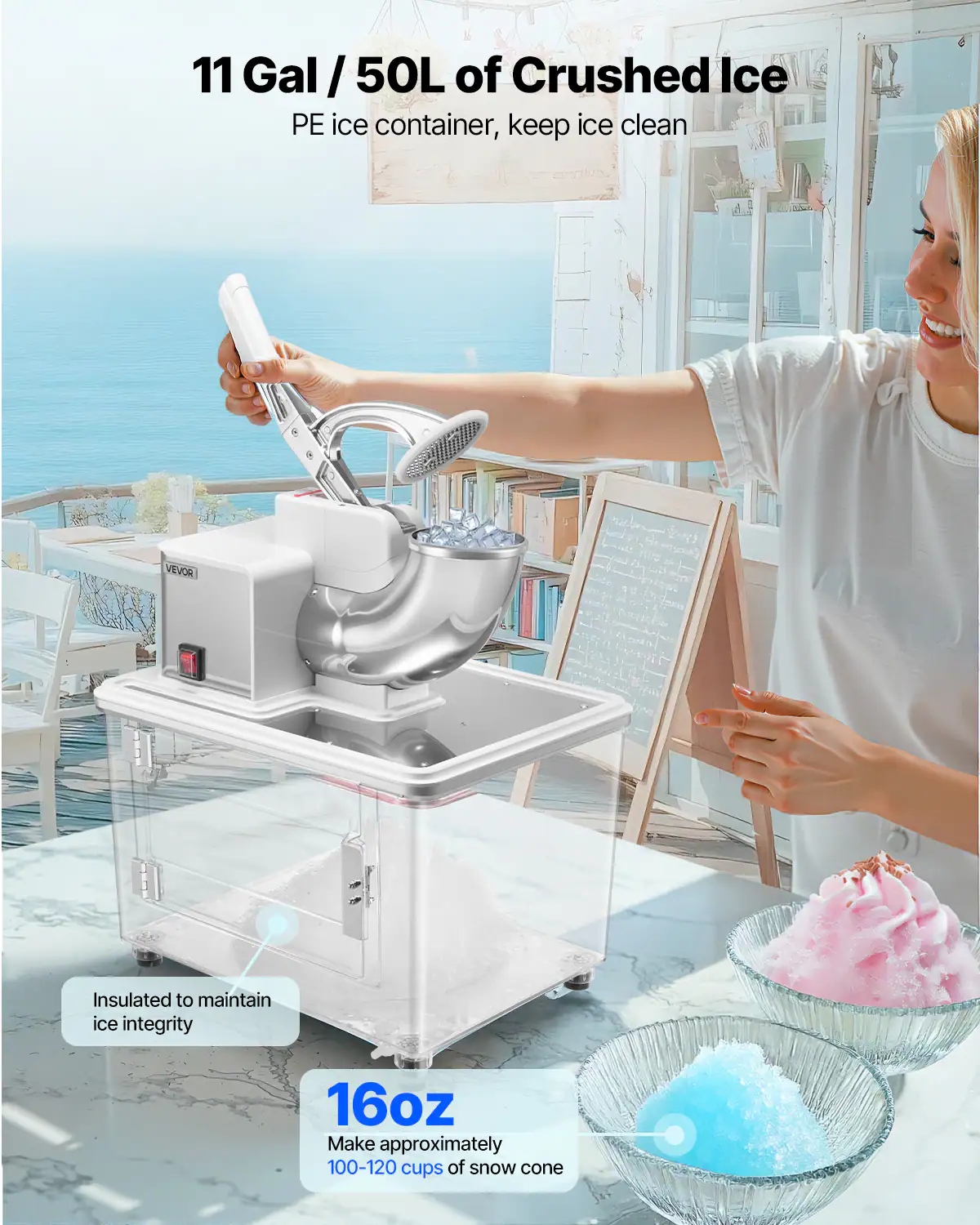 11 Gal / 50L of Crushed Ice, PE ice container, keep ice clean, VEVOR, Insulated to maintain ice integrity, 16oz, Make approximately 100-120 cups of snow cone