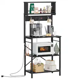 Bestier - 60" Kitchen Bakers Rack with Power Outlets - 5-Tier Adjustable Microwave Stand with 8 Hooks & Coffee Bar - Black Grained