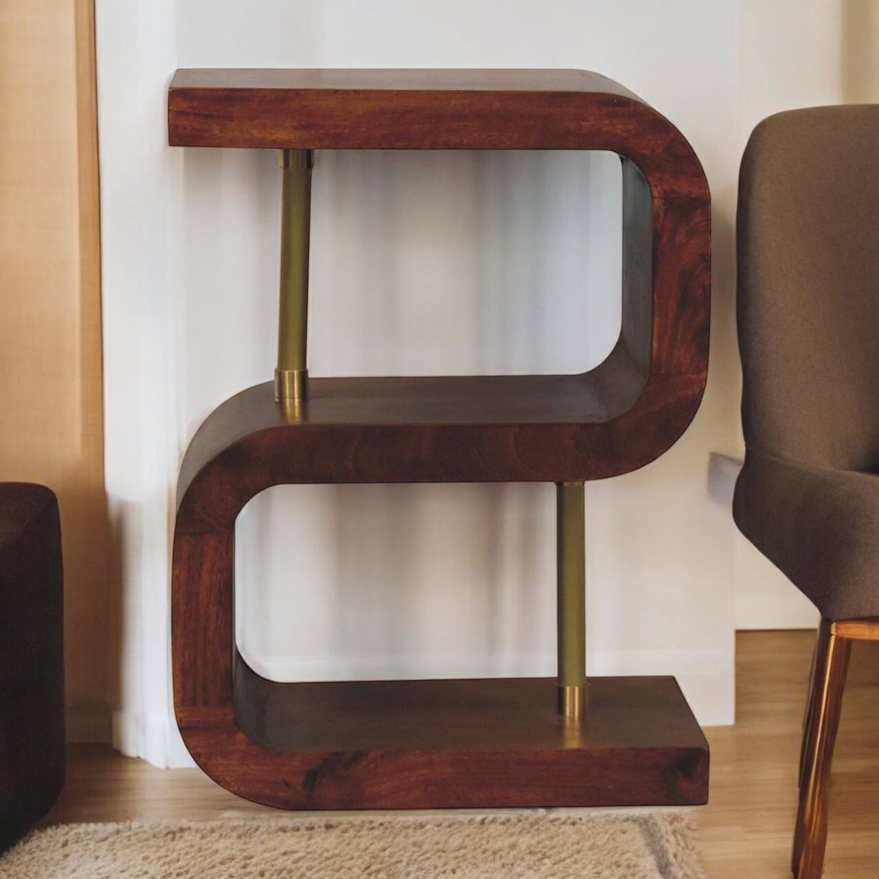 Angle. Artisan Furniture - Artisan Furniture Solid Wood S-curve Brass Bedside, 2 Open Shelves, Dark Brown - Chestnut.