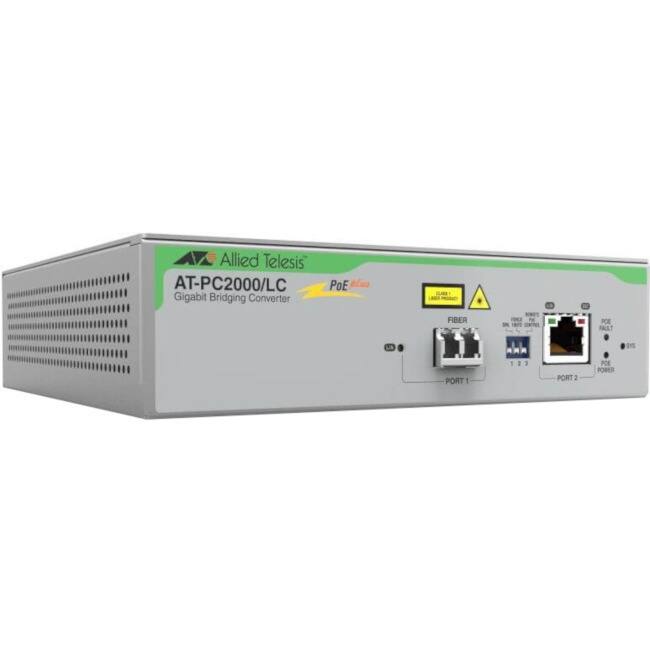 Allied Telesis  
AT-PC2000/LC  
Gigabit Bridging Converter  

PoE Class  

FIBER  
PORT 1  
PORT 2  
POWER  

1 2 3  
1 2 3  

FAULT  
SIGNAL