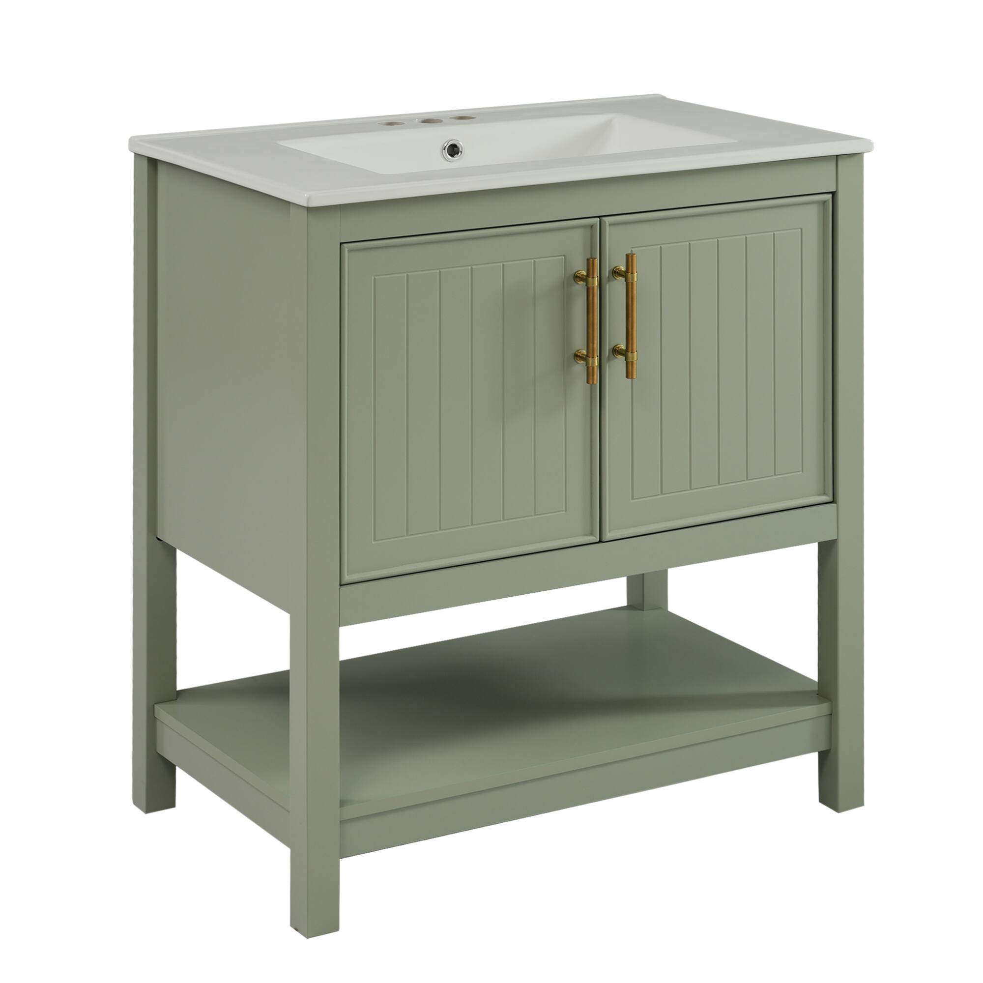 Alt View 7. ELEMENT ACE - Compact White Bathroom Vanity with Integrated Ceramic Sink and Spacious Storage Solution - Green.