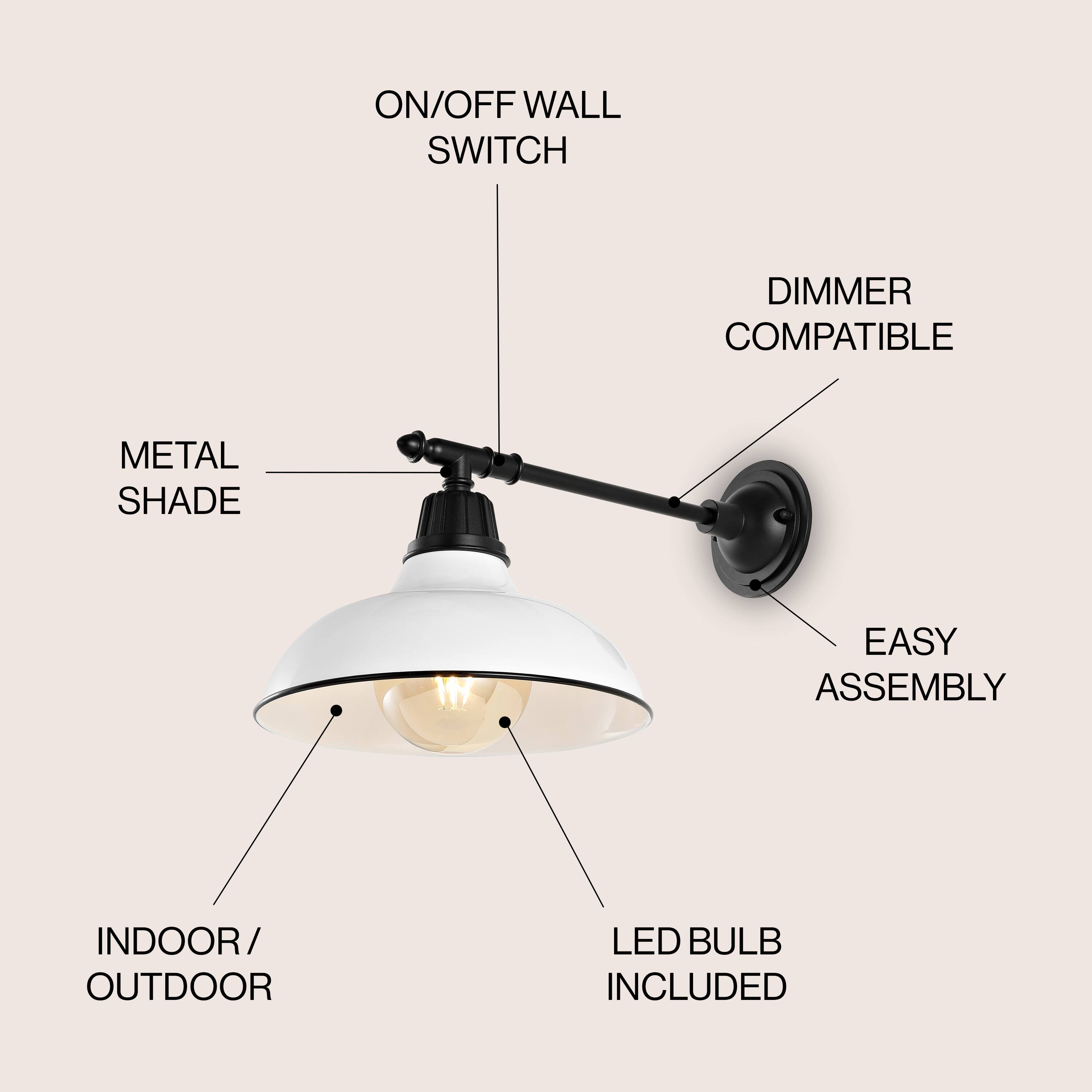 ON/OFF WALL SWITCH  
DIMMER COMPATIBLE  
METAL SHADE  
EASY ASSEMBLY  
INDOOR/OUTDOOR  
LED BULB INCLUDED