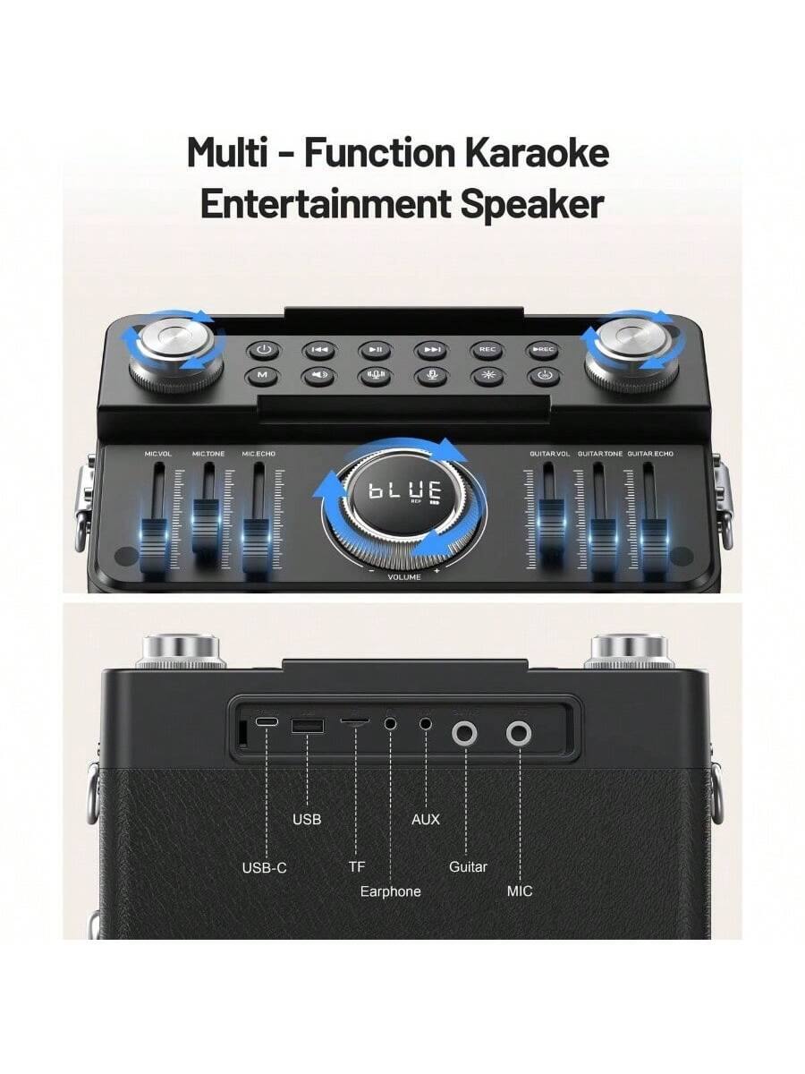 Multi-Function Karaoke Entertainment Speaker

- REC
- SEE
- M
- ND
- US
- E
- MICVOL
- MICTONE
- MICSCHO
- GUITARVOL
- GUITARTONE
- GUITARECHO
- UE VOLUME
- USB
- AUX
- USB-C
- TF
- Guitar
- Earphone
- MIC