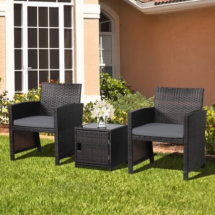 Front. Gymax - Gymax 3PCS Patio PE Rattan Conversation Furniture Set Bistro Set w/ Waterproof Cover Grey - Gray.