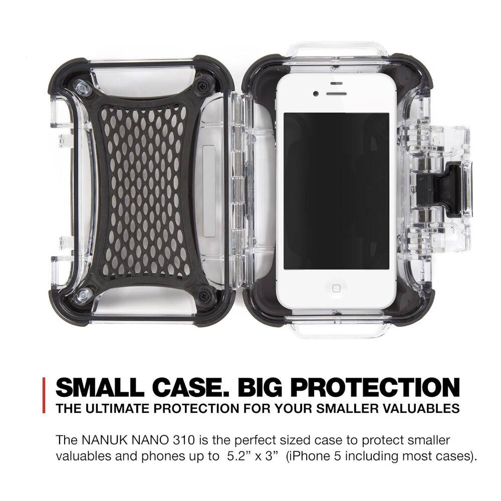 SMALL CASE. BIG PROTECTION  
THE ULTIMATE PROTECTION FOR YOUR SMALLER VALUABLES  

The NANUK NANO 310 is the perfect sized case to protect smaller valuables and phones up to 5.2" x 3" (iPhone 5 including most cases).
