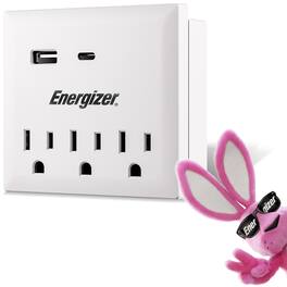 Energizer - Grounded Wall Tap – 3 AC Outlets, USB-C & USB-A Ports, ETL Certified, Holder for Home or Office - White
