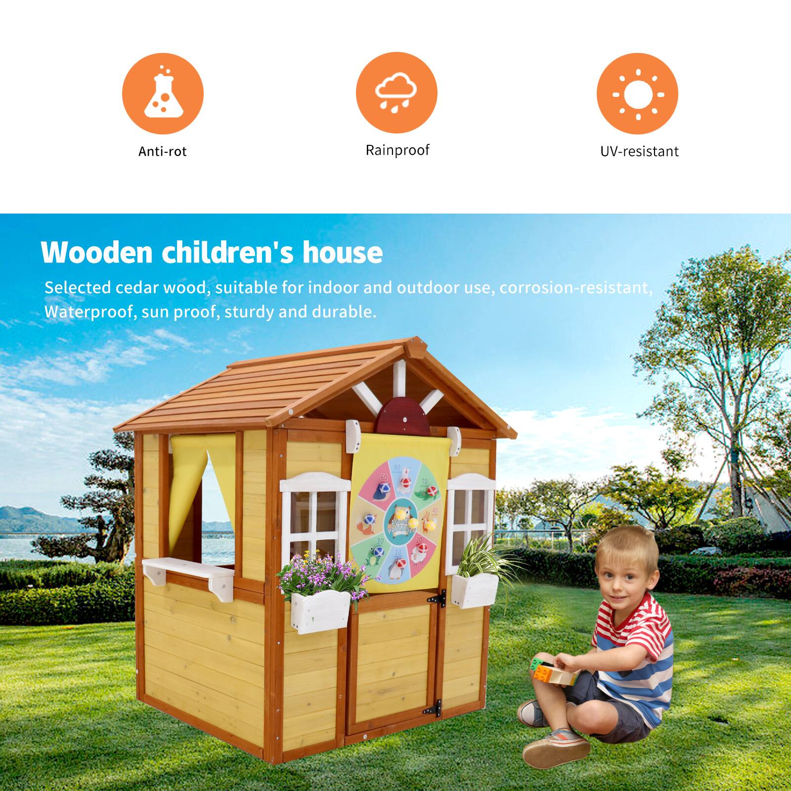 Anti-rot  
Rainproof  
UV-resistant  

Wooden children's house  
Selected cedar wood, suitable for indoor and outdoor use, corrosion-resistant, waterproof, sun proof, sturdy and durable.
