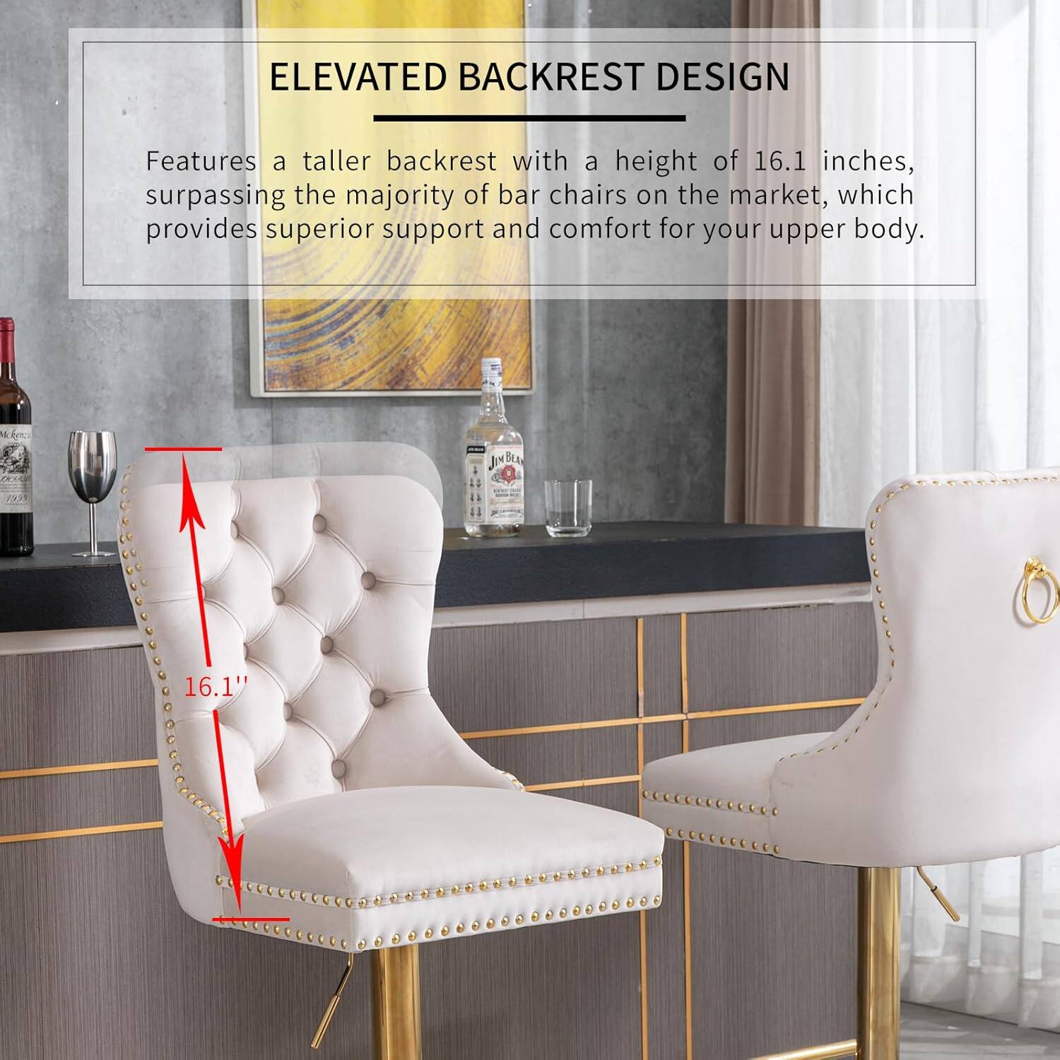 ELEVATED BACKREST DESIGN

Features a taller backrest with a height of 16.1 inches, surpassing the majority of bar chairs on the market, which provides superior support and comfort for your upper body.