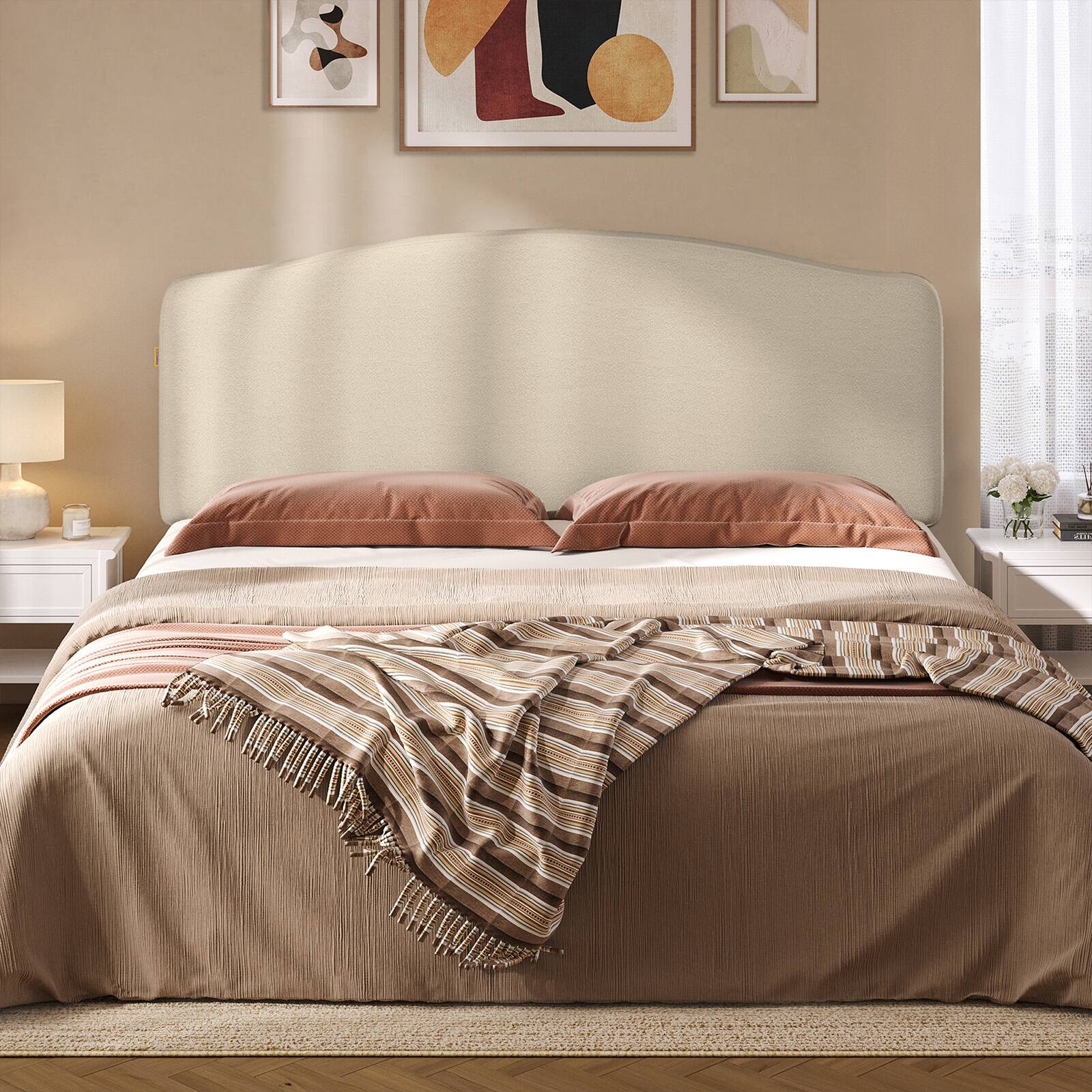 Left. Pinmoco - Curved Upholstered Headboard with Adjustable Height & Easy Plug-in Mount, Scratch-Resistant Towel Velvet - off-white.