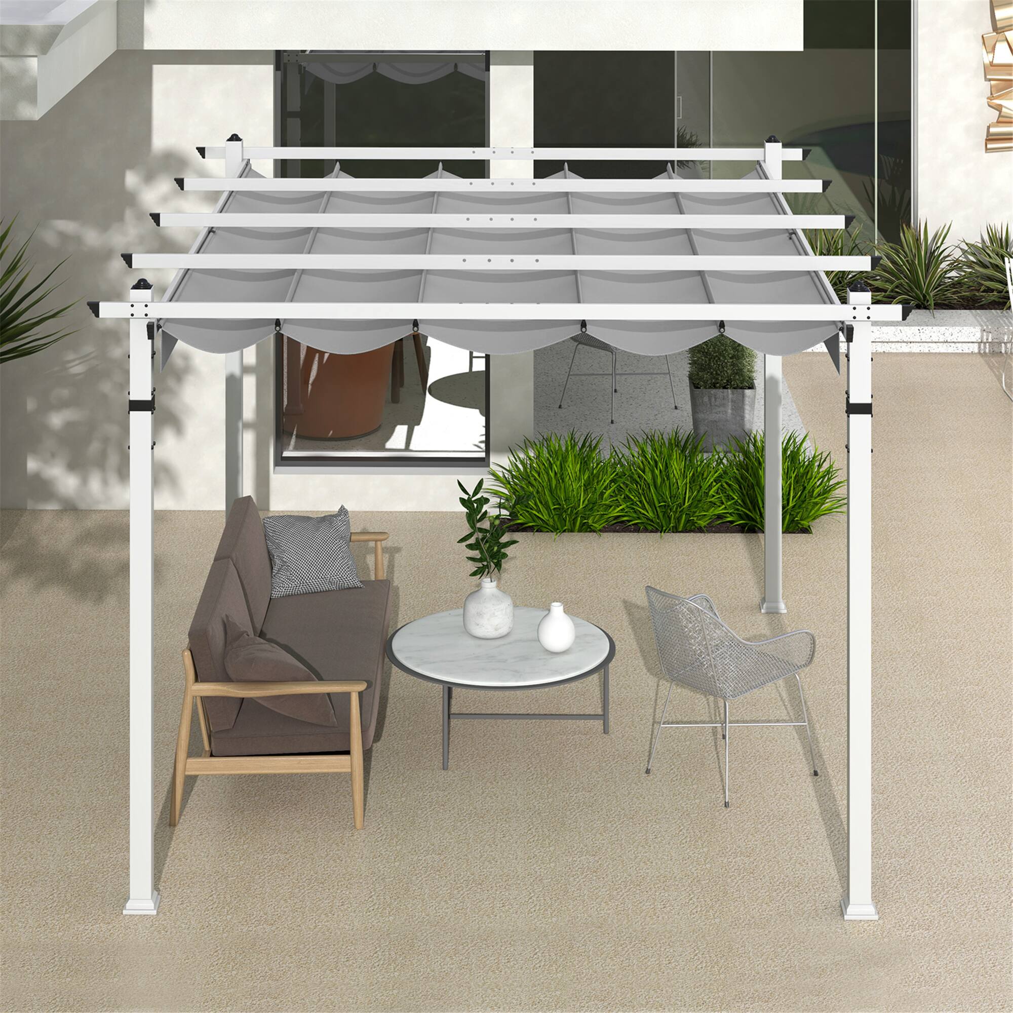 Alt View 4. Gymax - Gymax 12' x 10' Outdoor Pergola w/ Retractable Canopy Aluminum Frame Anchors Patio Grey - Grey, White.