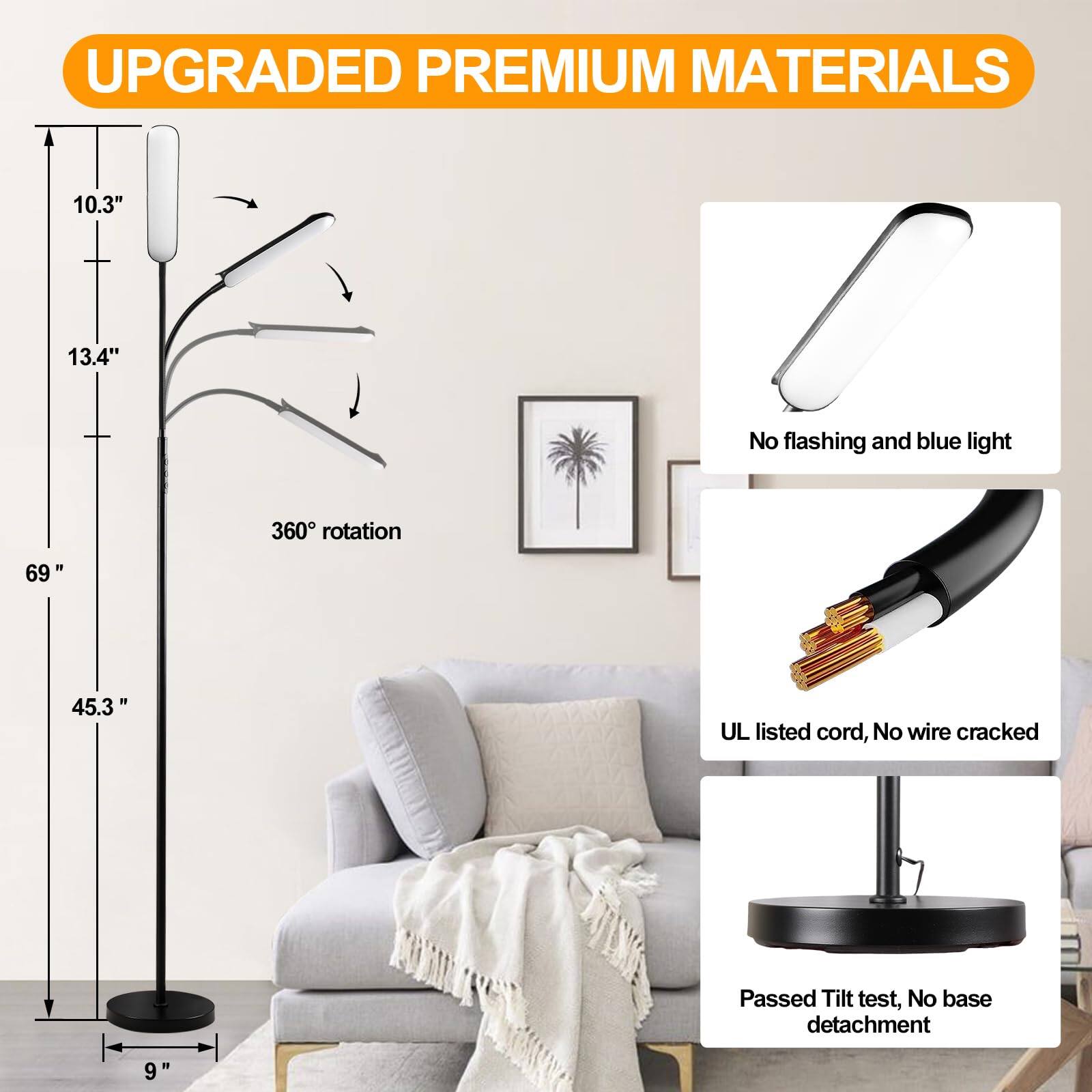 UPGRADED PREMIUM MATERIALS

- 10.3"
- 13.4"
- 360° rotation
- 69"
- 45.3"
- 9"

- No flashing and blue light
- UL listed cord, No wire cracked
- Passed Tilt test, No base detachment