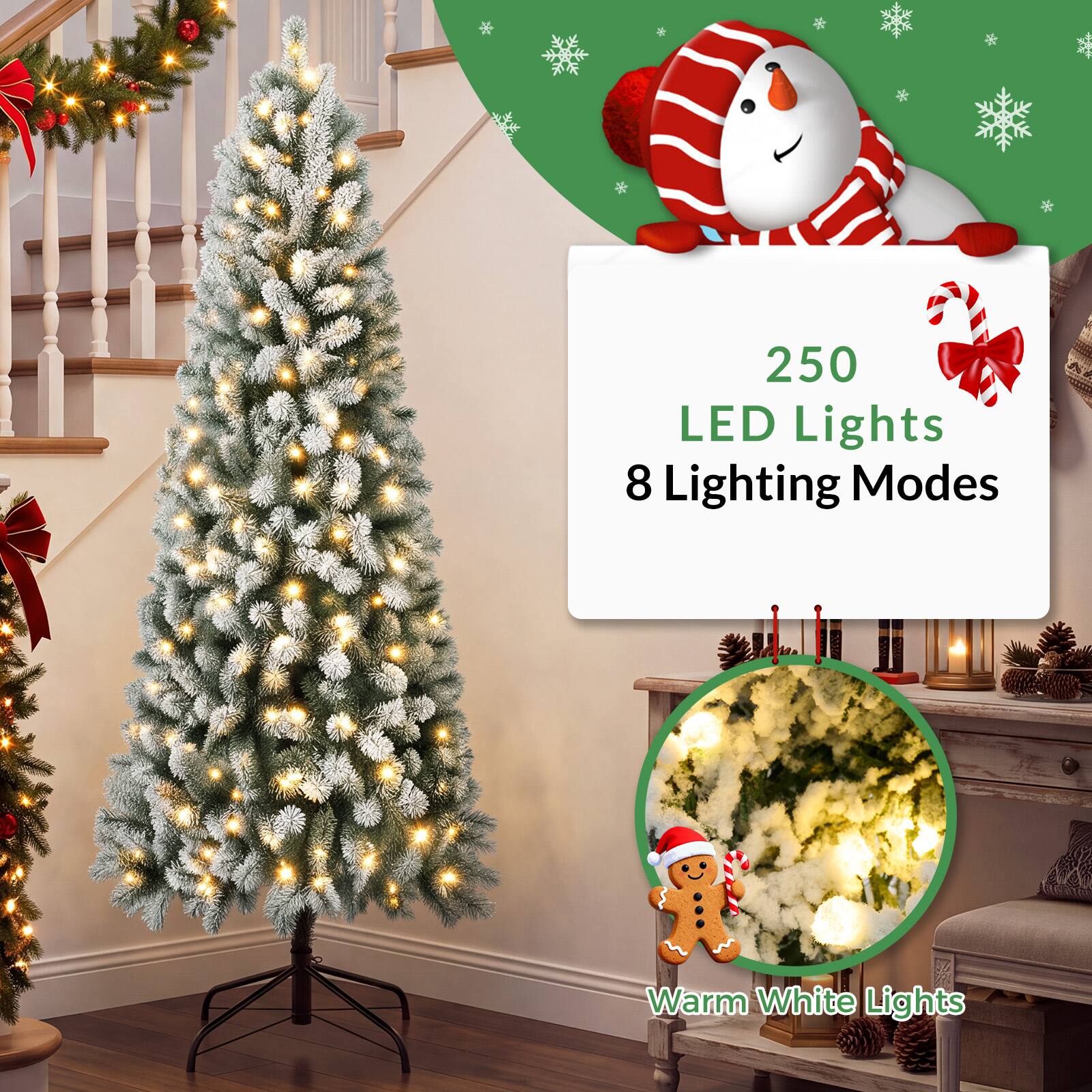 Sweetcrispy Pre lit Flocked Slim Artificial Christmas Tree with Warm ...
