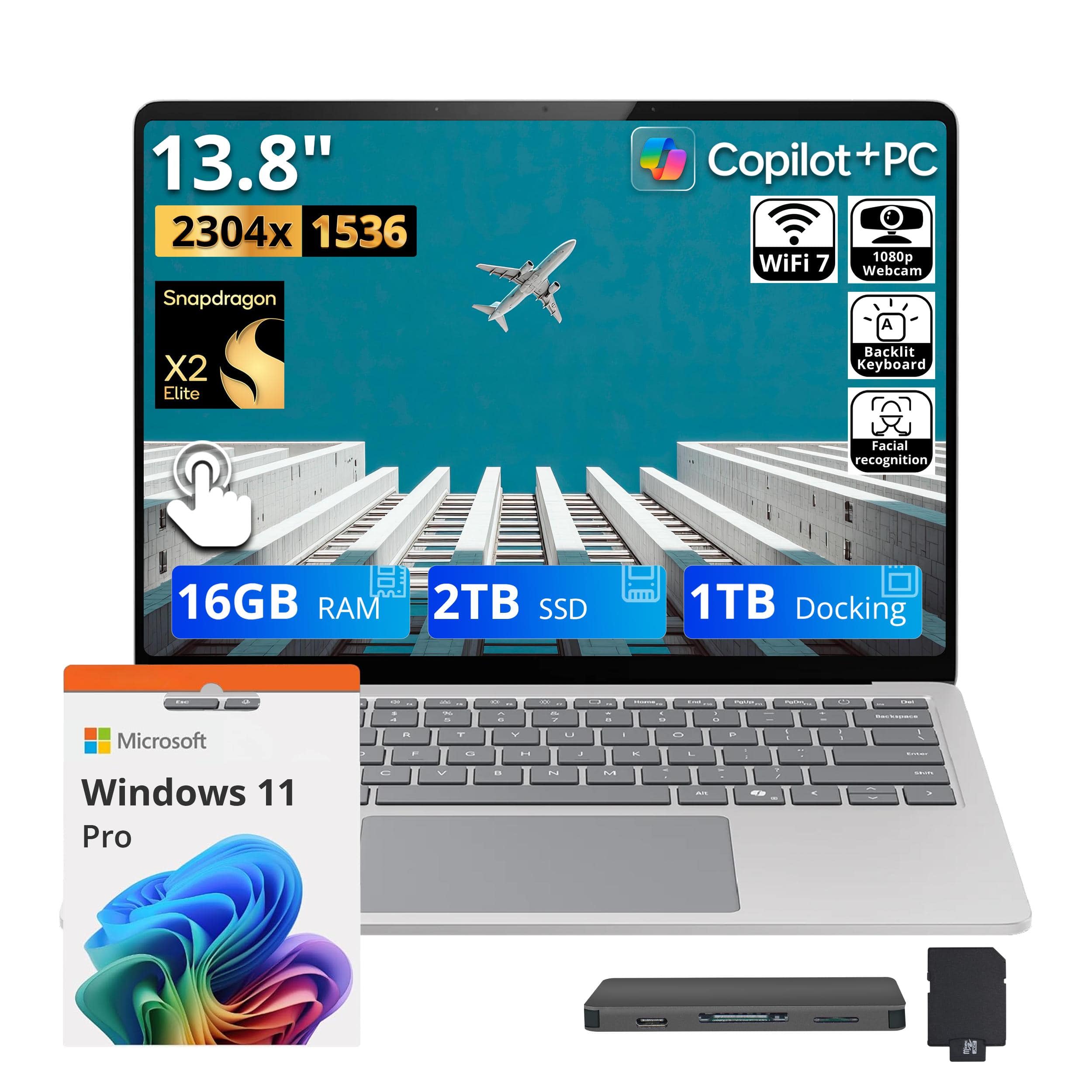 Microsoft - Upgraded - Surface 13.8" 2K Touchscreen Laptop,Snapdragon X2E,16GB RAM,2TB SSD+1TB Dock,Backlit,Win 11 Pro - Platinum