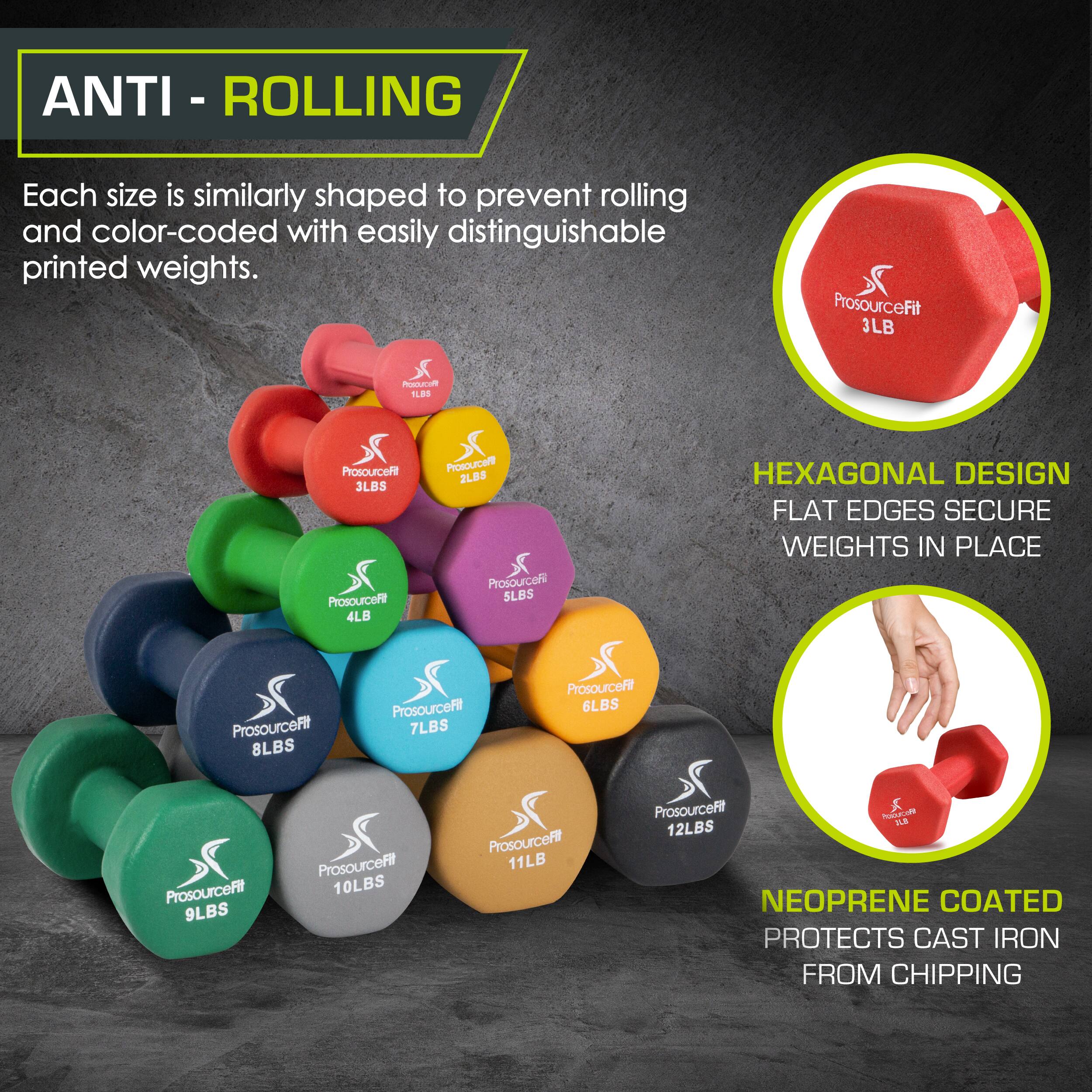 ANTI - ROLLING Each size is similarly shaped to prevent rolling and color-coded with easily distinguishable printed weights. ProsourceFit 3LBS  ProsourceFit 2LBS  ProsourceFit 4LBS  ProsourceFit 6LBS  ProsourceFit 7LBS  ProsourceFit 8LBS  ProsourceFit 9LBS  ProsourceFit 10LBS  ProsourceFit 11LBS  ProsourceFit 12LBS HEXAGONAL DESIGN FLAT EDGES SECURE WEIGHTS IN PLACE NEOPRENE COATED PROTECTS CAST IRON FROM CHIPPING