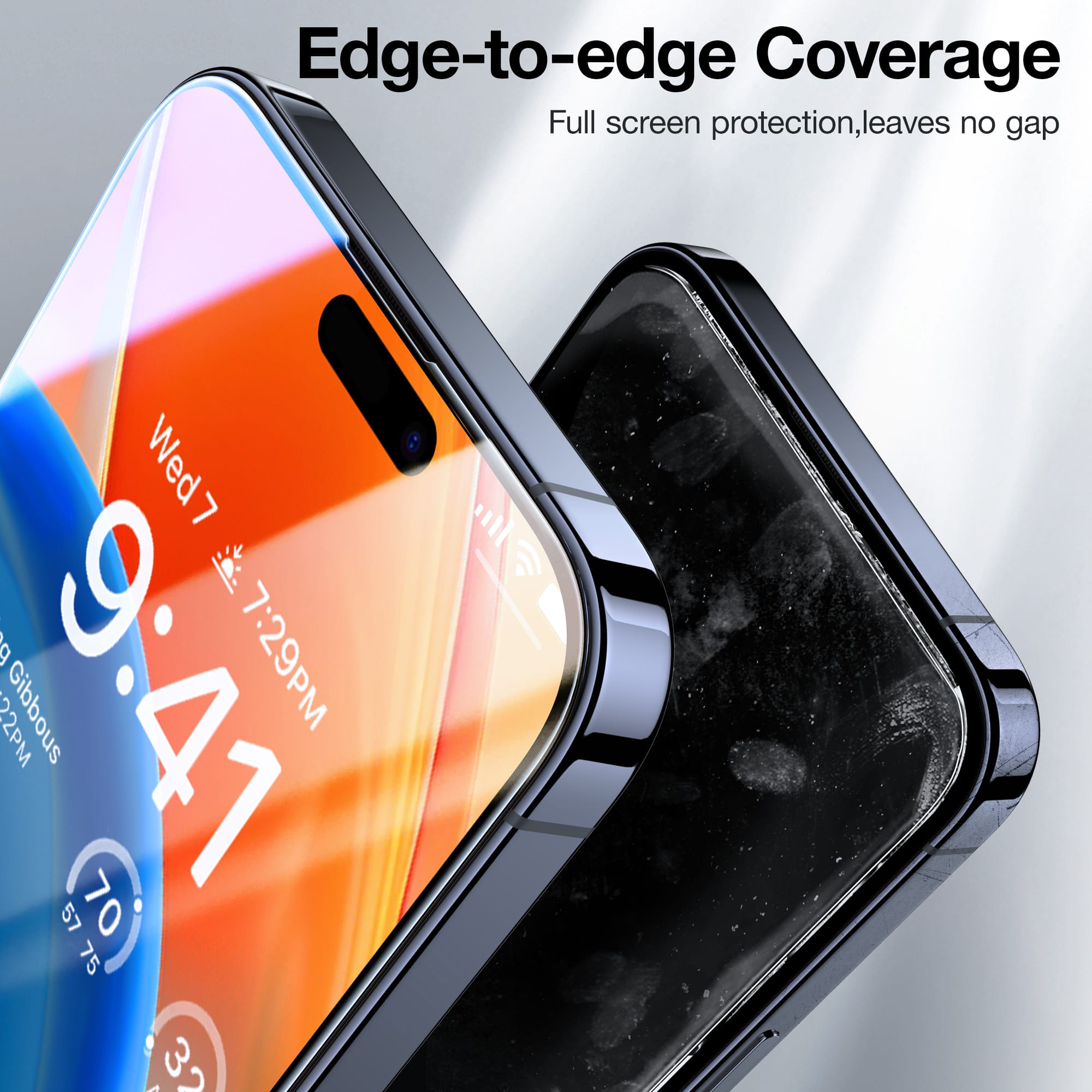 Edge-to-edge Coverage: Full screen protection, leaves no gap. Wed 9:41 a.m. - 7:29 p.m. 2:00 p.m. - 5:75 57° 57° OL 75° 32°.