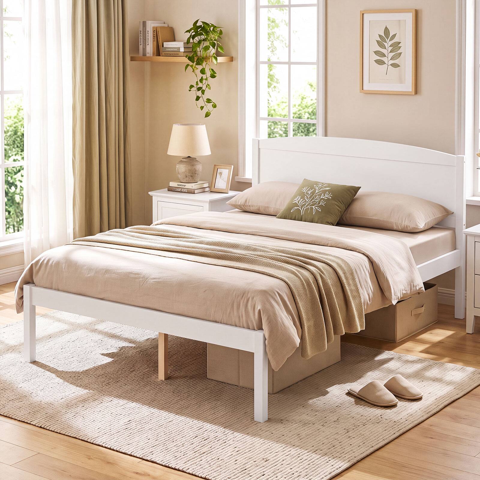 Alt View 3. Gymax - Gymax Full Size Wooden Platform Bed Frame w/Curved Headboard Solid Pine Wood Legs White - White.