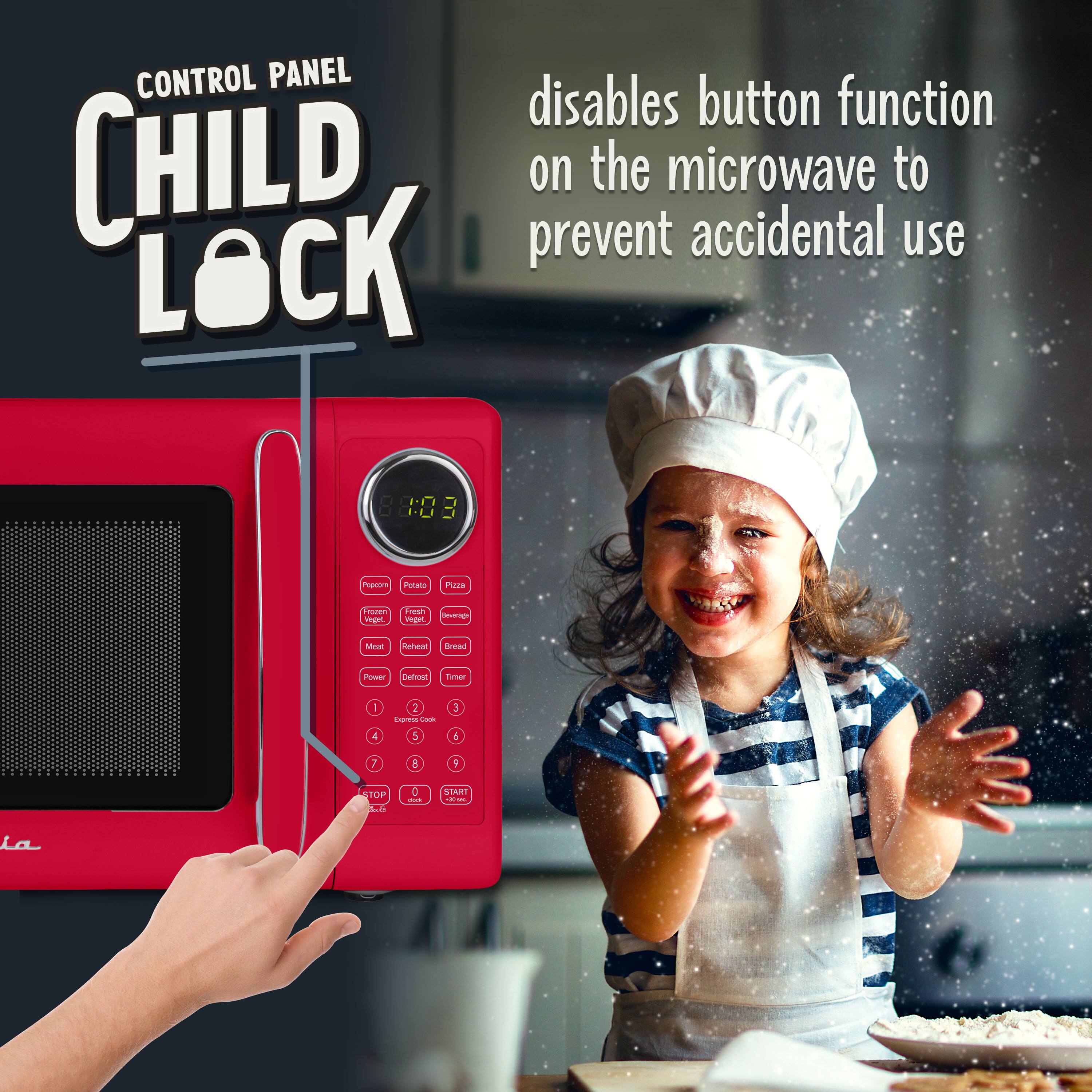 CONTROL PANEL CHILD LOCK disables button function on the microwave to prevent accidental use

88:03

Potato
Pizza
Frozen Vegetables
Reheat
Bread
Meal
Defrost
Timer
1
2
3
4
5
6
7
8
9
0
STOP
START