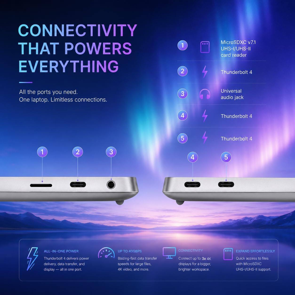 CONNECTIVITY THAT POWERS EVERYTHING

All the ports you need. One laptop. Limitless connections.

1. MicroSDXC v7.1 UHS-I/UHS-II card reader
2. Thunderbolt 4
3. Universal audio jack
4. Thunderbolt 4
5. Thunderbolt 4

ALL-IN-ONE POWER
Thunderbolt 4 delivers power delivery, data transfer, and display — all in one port.

UP TO 40GBPS
Blazing-fast data transfer speeds for large files, 4K video, and more.

CONNECTIVITY
Connect up to 3x 4K displays for a bigger, brighter workspace.

EXPAND EFFORTLESSLY
Quick access to files with MicroSDXC UHS-I/UHS-II support.
